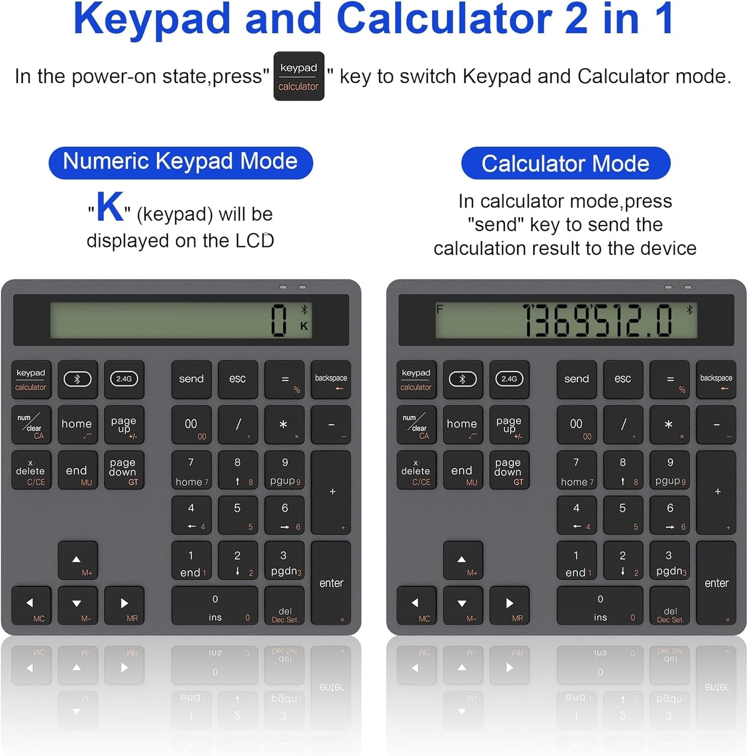 NÖRDIC Slim 34-näppäiminen Bluetooth-numeronäppäimistö näytöllä, 2-in-1 tiedonsyöttö + laskin kannettavalle, MacBookille, Macille, Surfacelle, PC:lle ja Chromelle