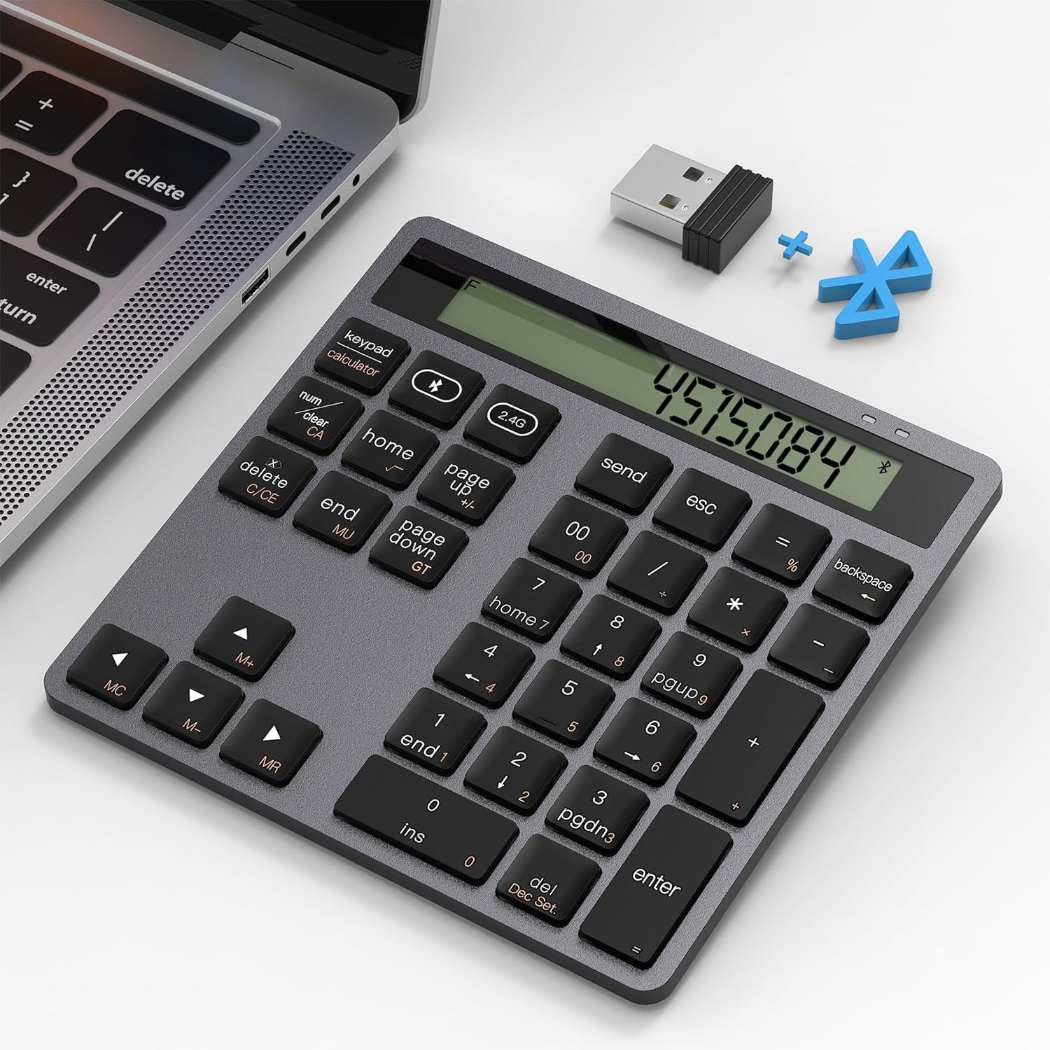 NÖRDIC Slim 34-näppäiminen Bluetooth-numeronäppäimistö näytöllä, 2-in-1 tiedonsyöttö + laskin kannettavalle, MacBookille, Macille, Surfacelle, PC:lle ja Chromelle