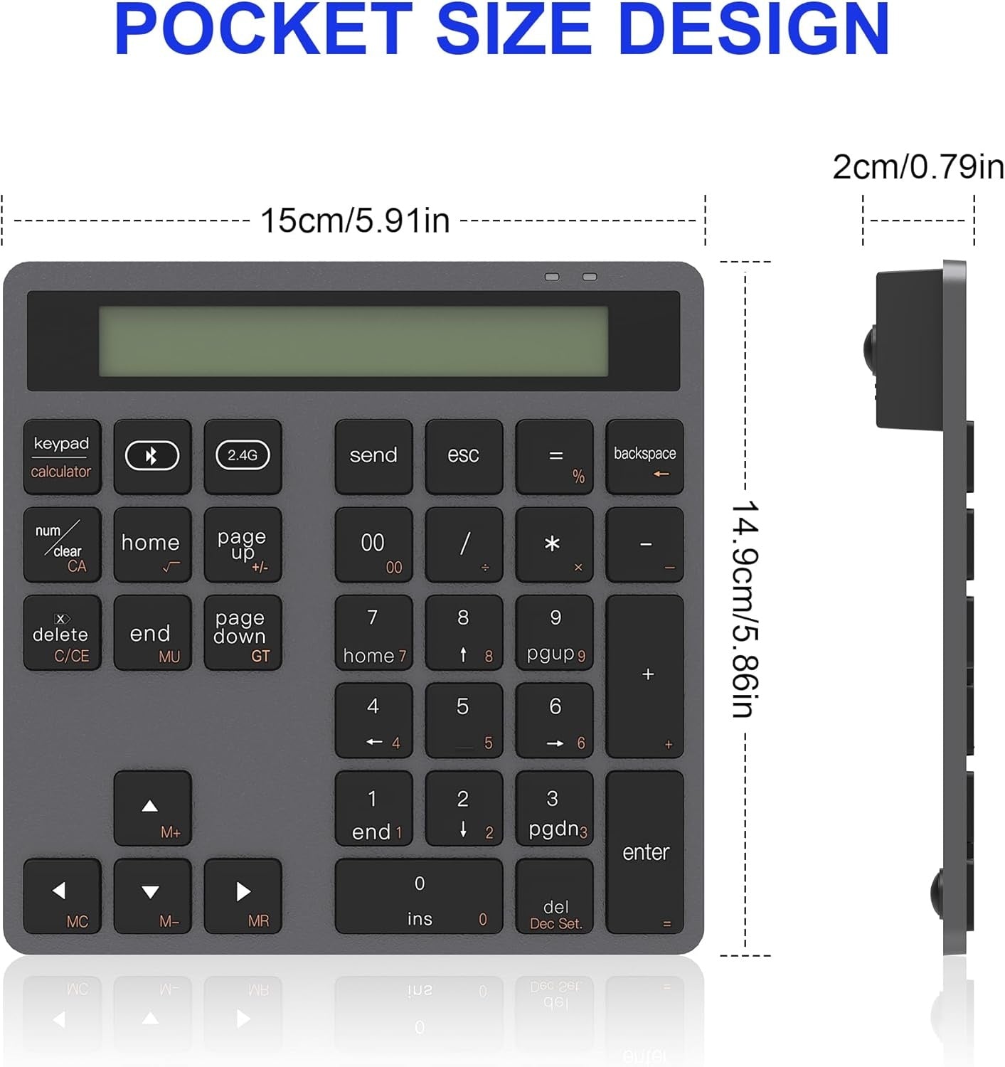 NÖRDIC Slim 34-näppäiminen Bluetooth-numeronäppäimistö näytöllä, 2-in-1 tiedonsyöttö + laskin kannettavalle, MacBookille, Macille, Surfacelle, PC:lle ja Chromelle