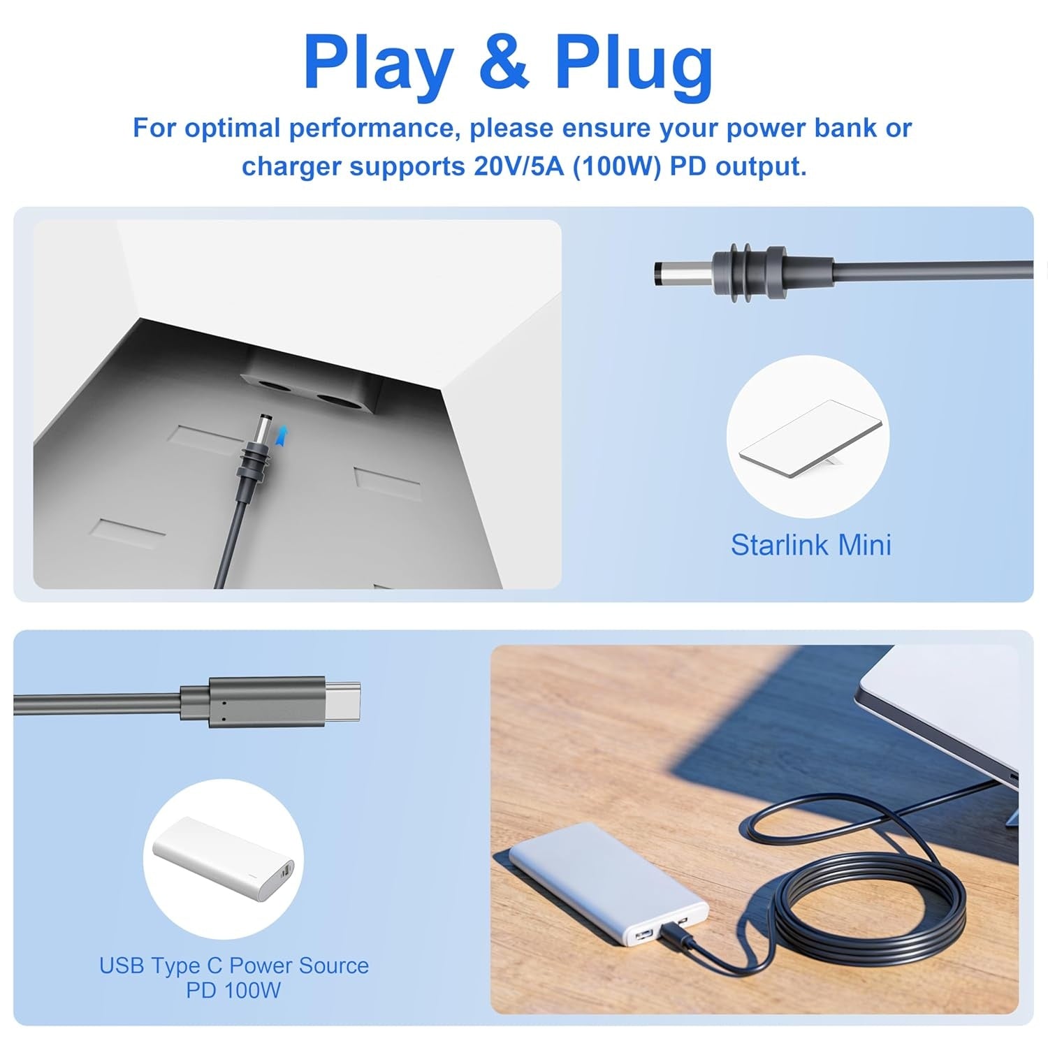Starlink 5m Mini-kaapeli USB-C–DC Vedenpitävä 100W Sisääntulo Ulkoiluun Retki Matka Työ