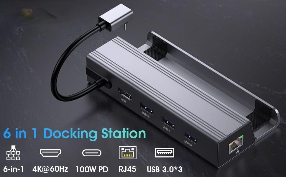 NÖRDIC Steam Deck -telakointiasema 1-6 - 1xHDMI4K60Hz, 1xUSB-C PD100W, 3xUSB-A 3,1 5Gbps, 1xRJ45 GigaLAN