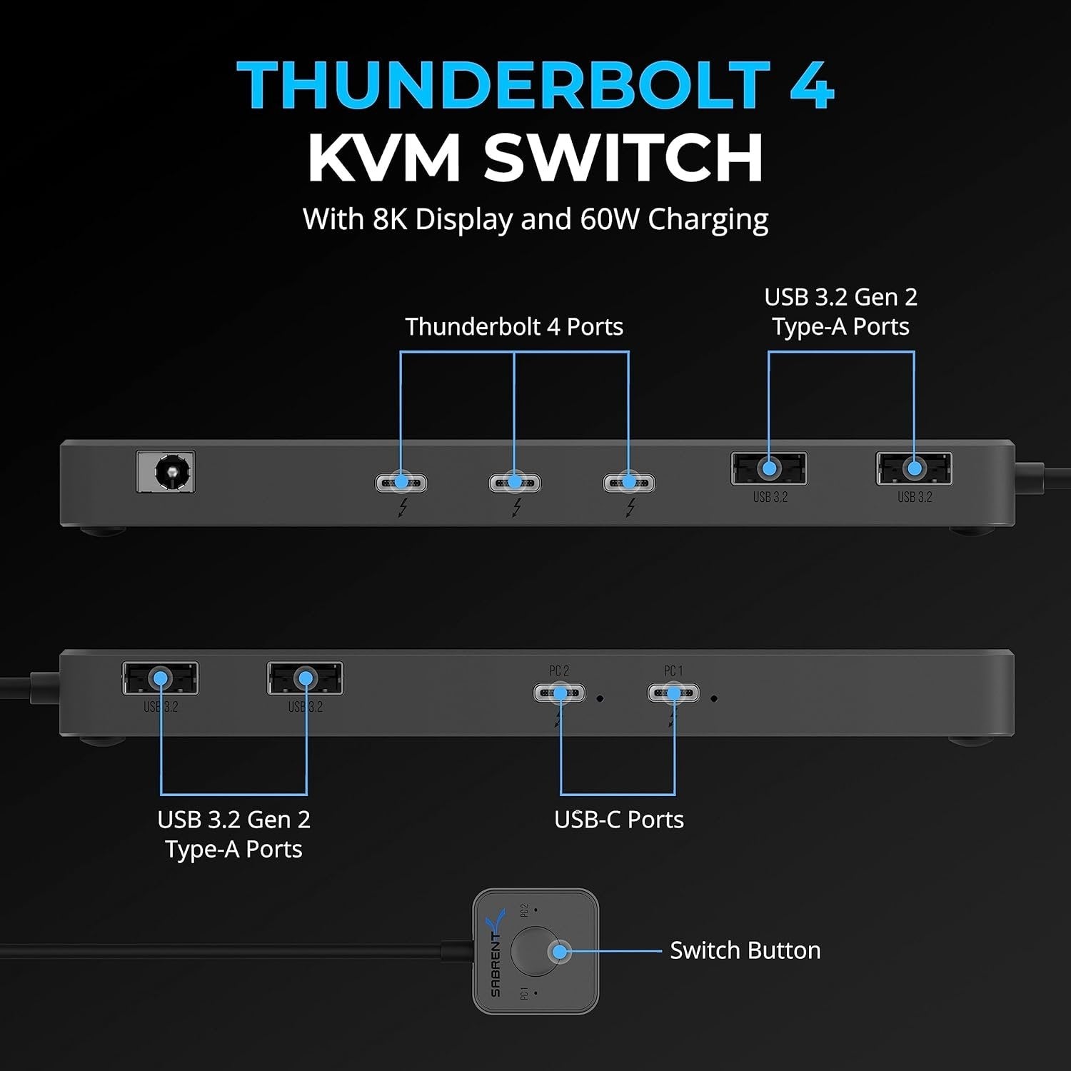 NÖRDIC Thunderbolt 4 -telakointiasema ja KVM-kytkin 2 - 2, 8K60Hz, 3x Thunderbolt 4 & 4x USB-A