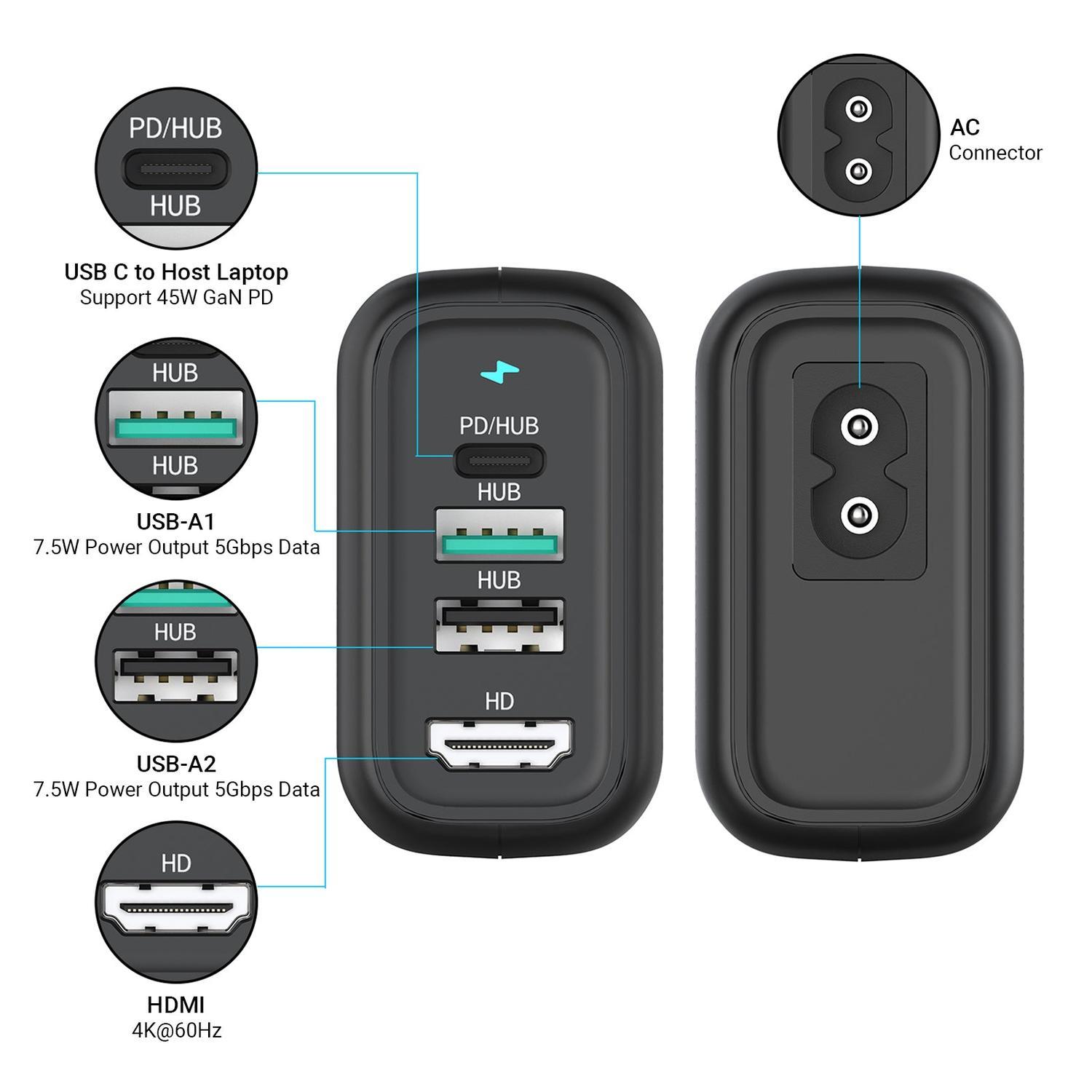 NÖRDIC Telakointiasema 4 porttia 45W GaN pikalataus USB-C HDMI 4K60Hz USB-C 5Gbps