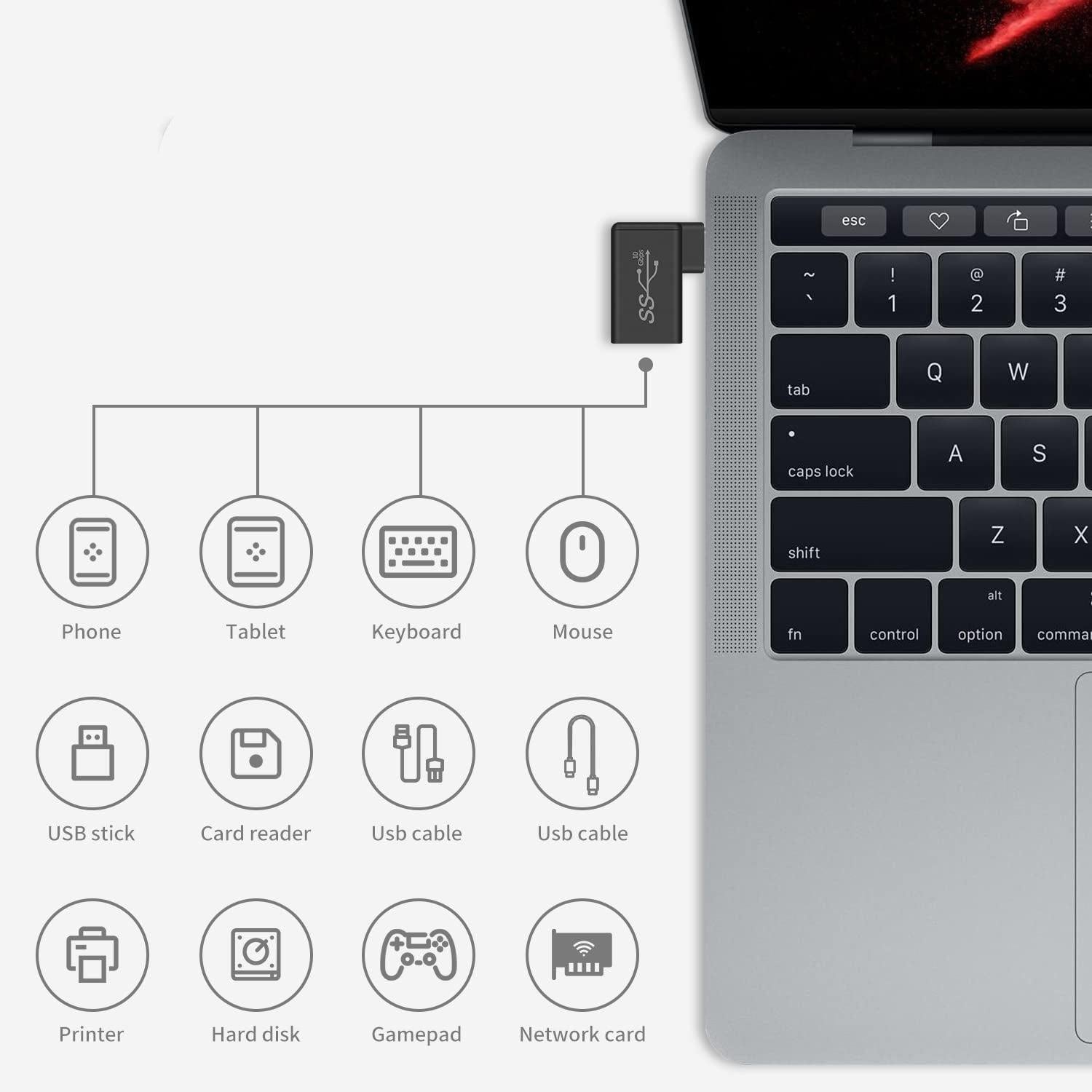 NÖRDIC USB-A 3.1 OTG naaras - USB C -uros kulmasovitin 5Gbps Alumiininen synkronointi ja lataus OTG USB-C sovitin