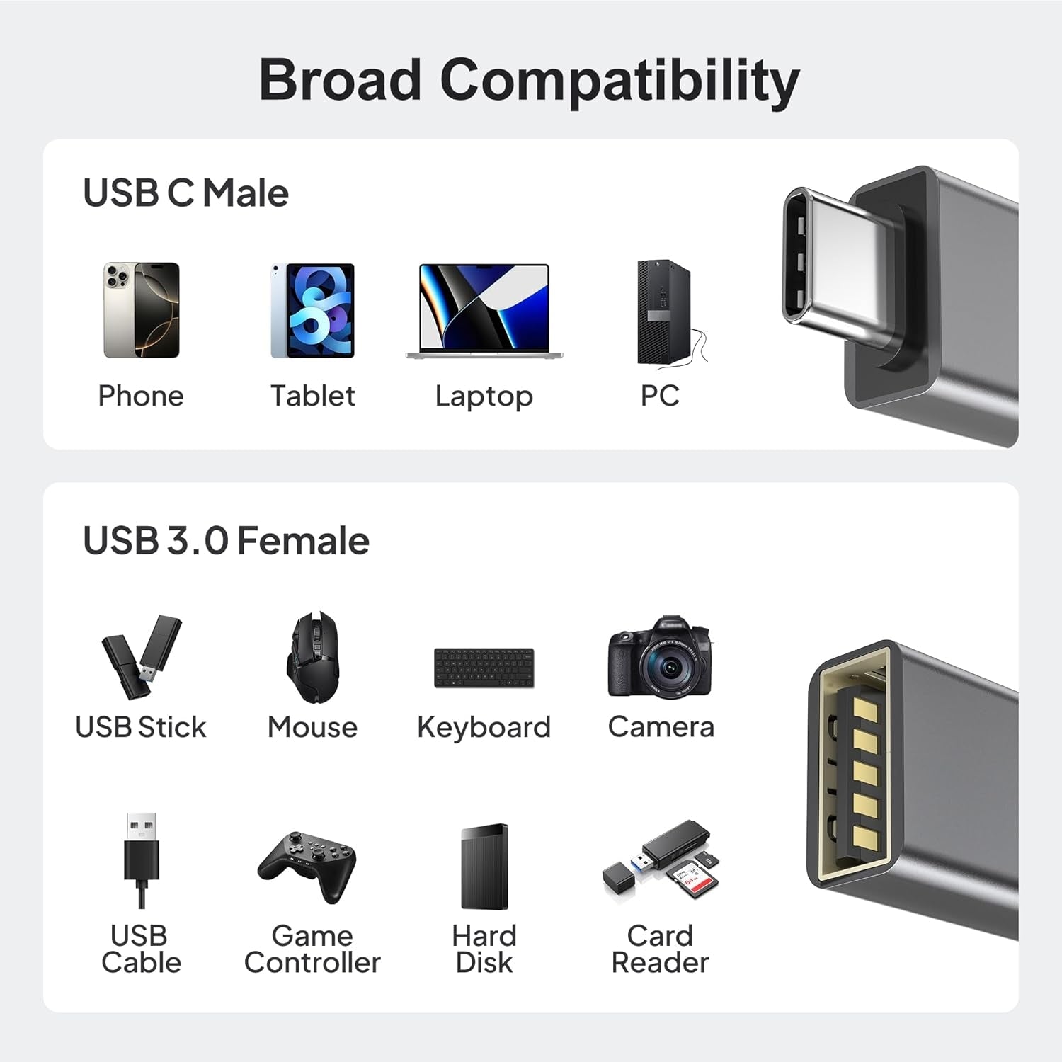 NÖRDIC USB-A 3.1 OTG naaras - USB C -urossovitin tietojen synkronointi ja lataus alumiini Space Grey