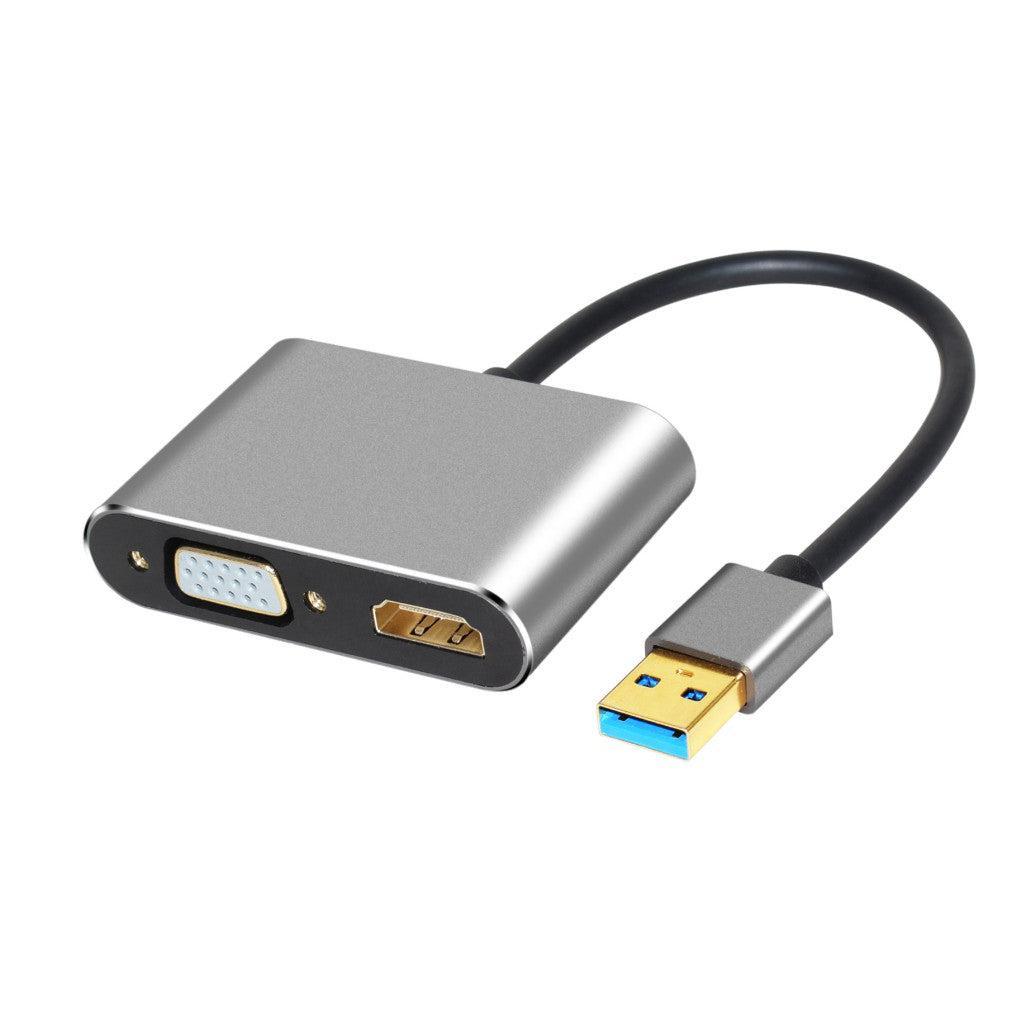 NÖRDIC USB A–HDMI 1080p- ja VGA 1080p -tuki kahdelle näytölle, peili ja laajennettu tila, 10 cm kaapeli, alumiinia, Space Grey