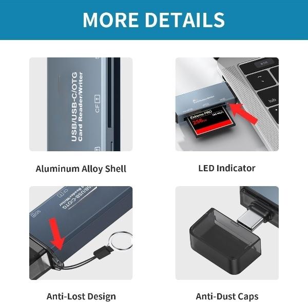 NÖRDIC USB-A, USB-C-kortinlukija, 3-paikkainen CF, SD, MicroSD UHS-I