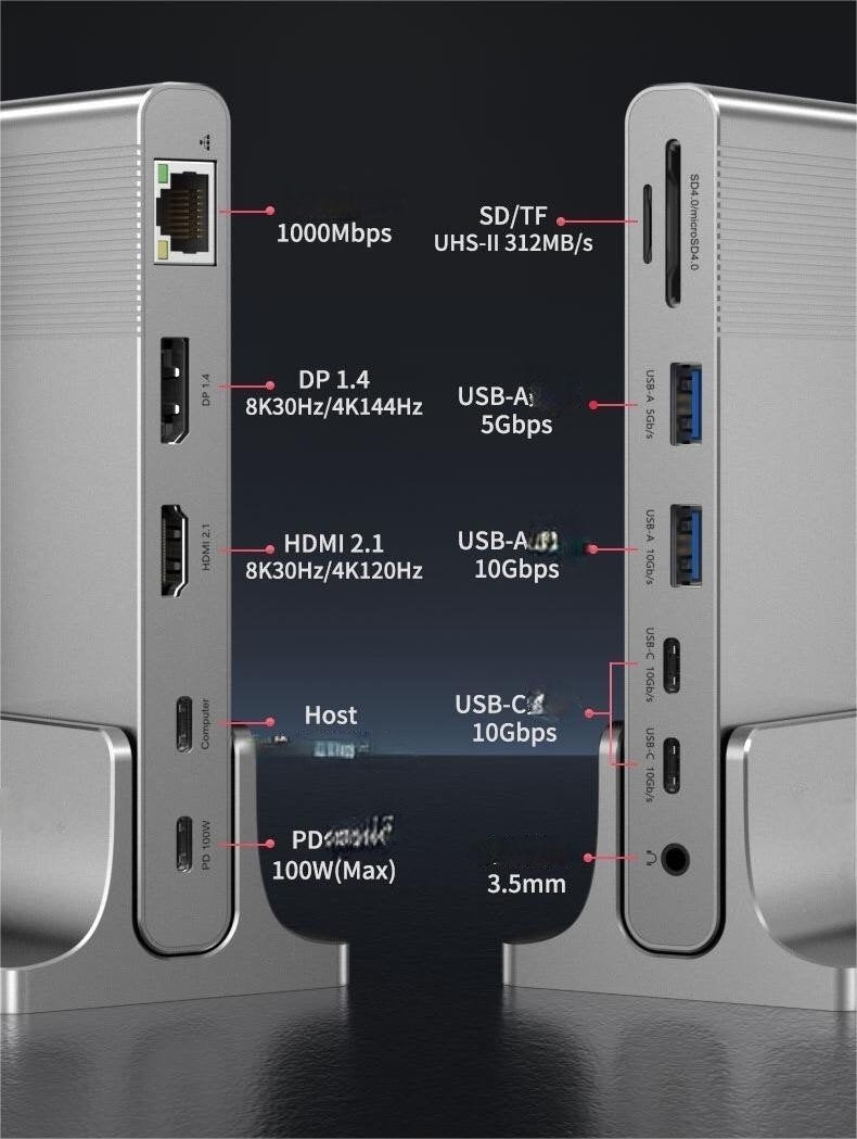 NÖRDIC USB-C 1-12 Telakointiasema 1xDP 8K30Hz 1xHDMI 8K30Hz 1xRJ45 GigaLan 1xUSB-C PD100W 3xUSB 10G 1xUSB 5G 1xSD 1XMicroSD AUX 1x3.5mm