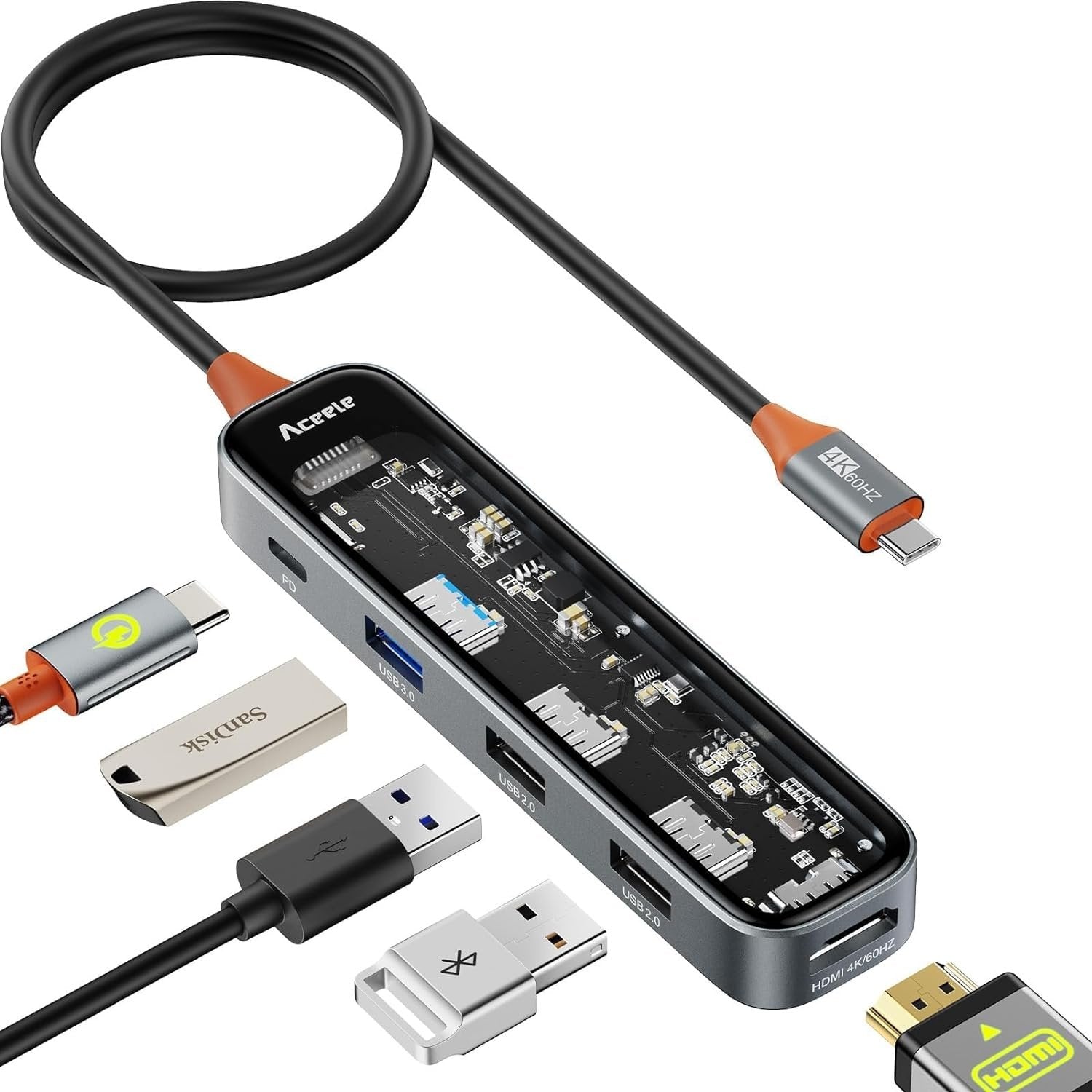 NÖRDIC USB-C 1-5 keskitintä 1xHDMI 4K60Hz, 1xUSB-C PD 100W, 3xUSB-A, 30cm