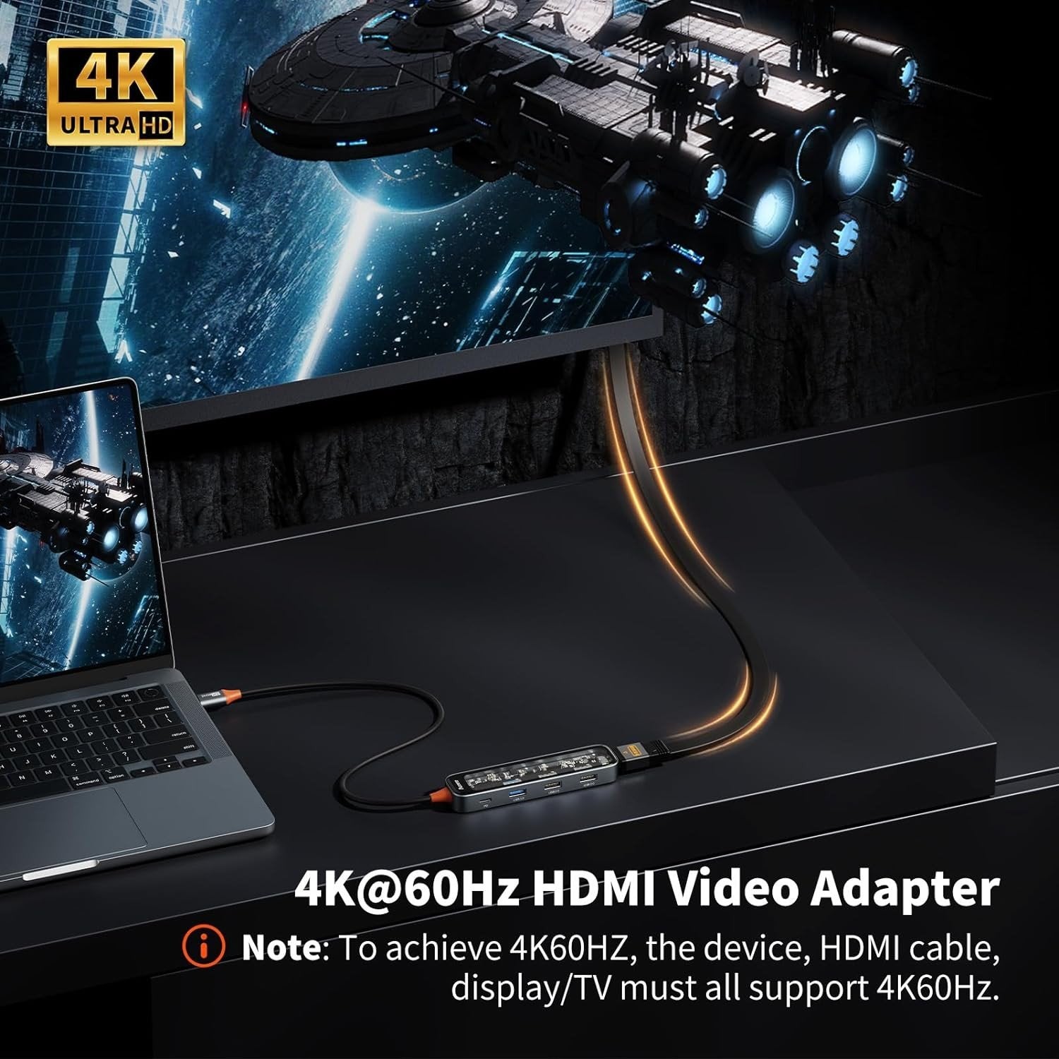 NÖRDIC USB-C 1-5 keskitintä 1xHDMI 4K60Hz, 1xUSB-C PD 100W, 3xUSB-A, 30cm