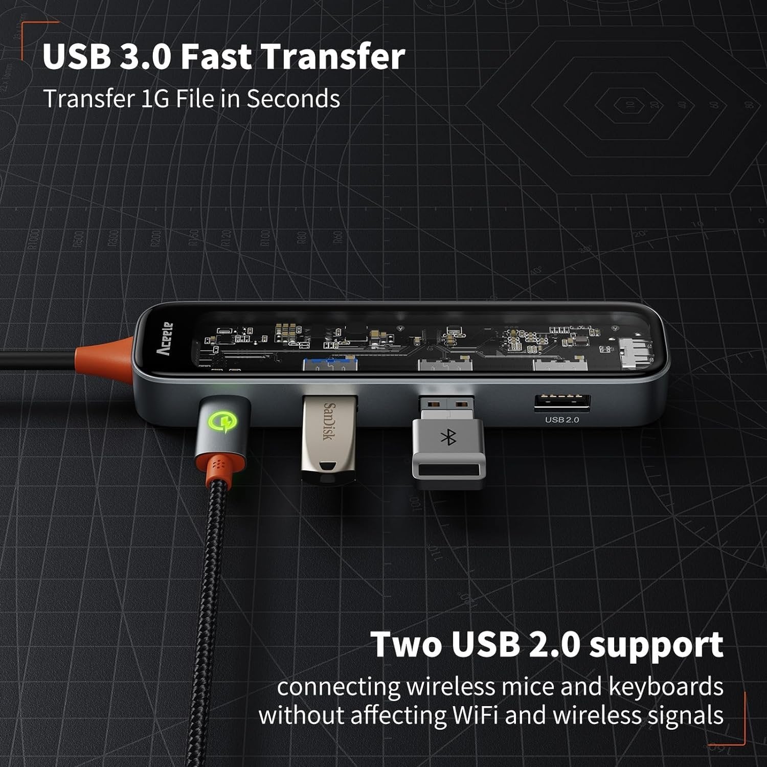 NÖRDIC USB-C 1-5 keskitintä 1xHDMI 4K60Hz, 1xUSB-C PD 100W, 3xUSB-A, 30cm