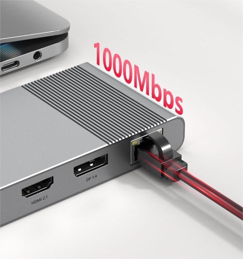 NÖRDIC USB-C 1-12 Telakointiasema 1xDP 8K30Hz 1xHDMI 8K30Hz 1xRJ45 GigaLan 1xUSB-C PD100W 3xUSB 10G 1xUSB 5G 1xSD 1XMicroSD AUX 1x3.5mm