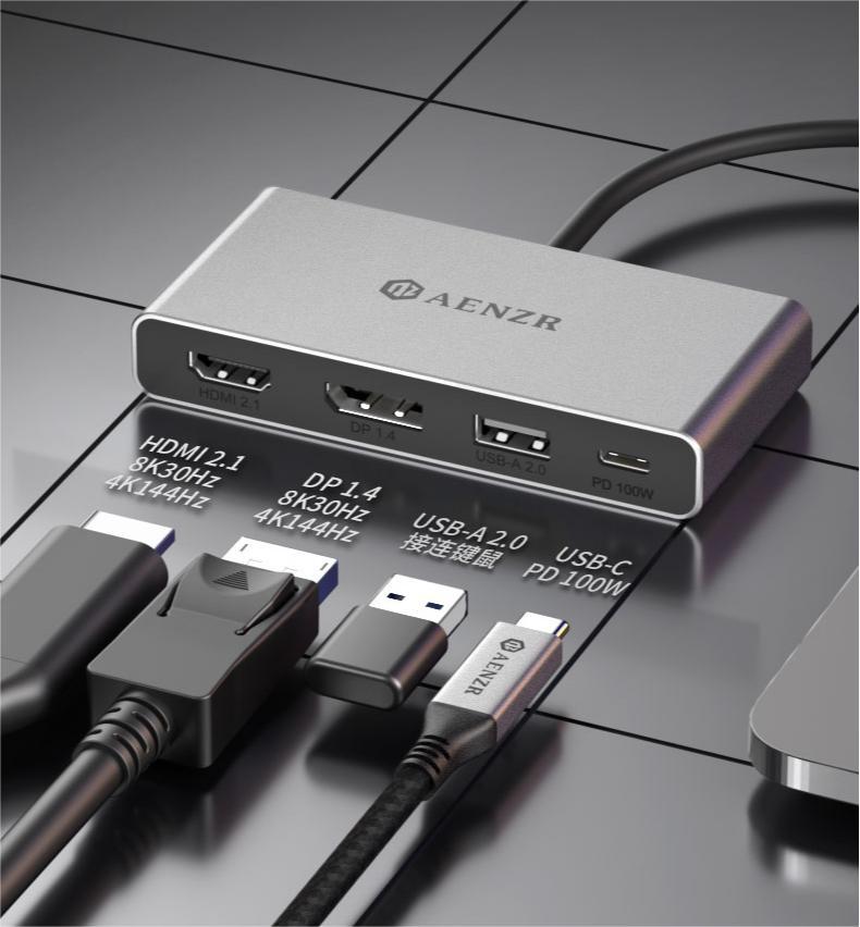 NÖRDIC USB-C 1-4 telakointiasema 1xDP8K30Hz 1xHDMI8K30Hz 1xUSB-C PD 100W 1xUSB-A 2.0