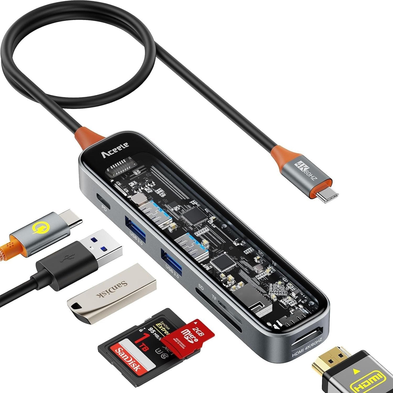 NÖRDIC USB-C 1 - 6 keskitintä 1xHDMI4K60Hz 1xUSB-C PD 100W 2xUSB-A 5Gbps 1xSD 1xMicro SD