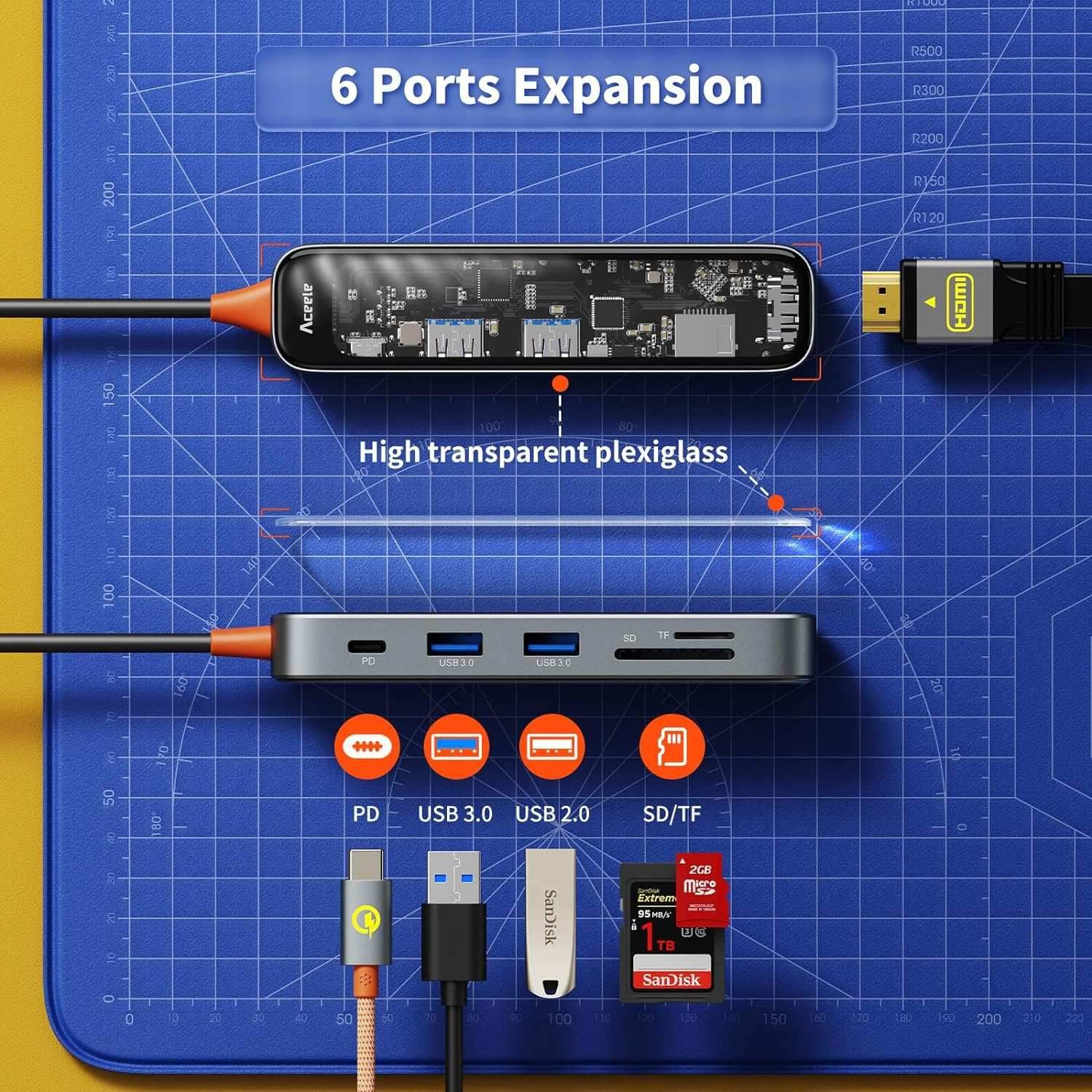 NÖRDIC USB-C 1 - 6 keskitintä 1xHDMI4K60Hz 1xUSB-C PD 100W 2xUSB-A 5Gbps 1xSD 1xMicro SD