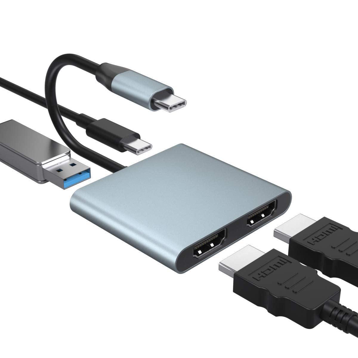 NÖRDIC USB-C - 2xHDMI-sovitin 4K30Hz 1xUSB-C 60W PD 1xUSB-A 3.1 5Gbps MST