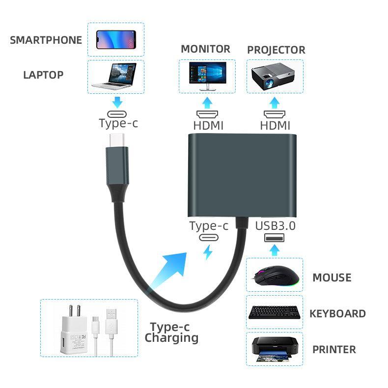 NÖRDIC USB-C - 2xHDMI-sovitin 4K30Hz 1xUSB-C 60W PD 1xUSB-A 3.1 5Gbps MST