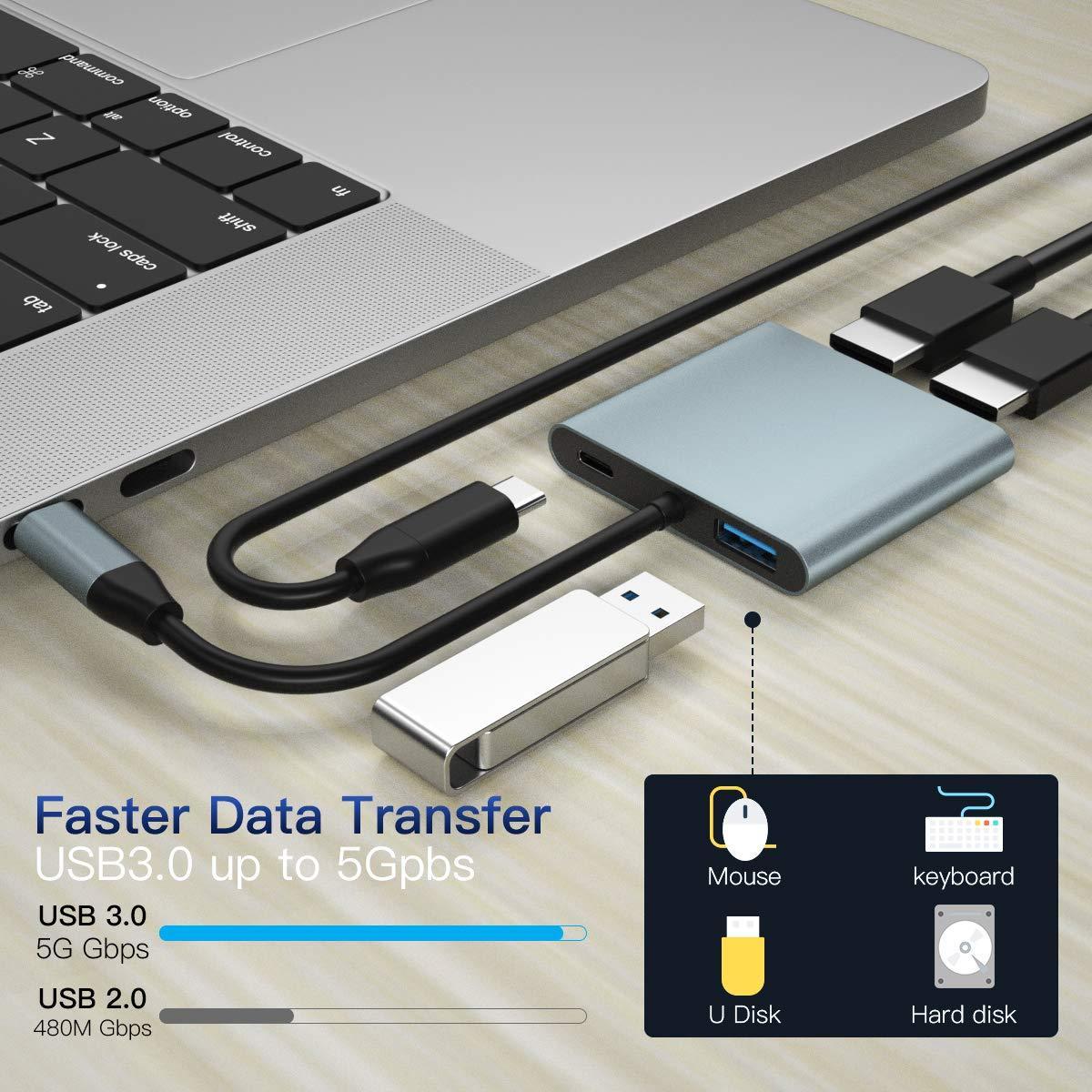 NÖRDIC USB-C - 2xHDMI-sovitin 4K30Hz 1xUSB-C 60W PD 1xUSB-A 3.1 5Gbps MST