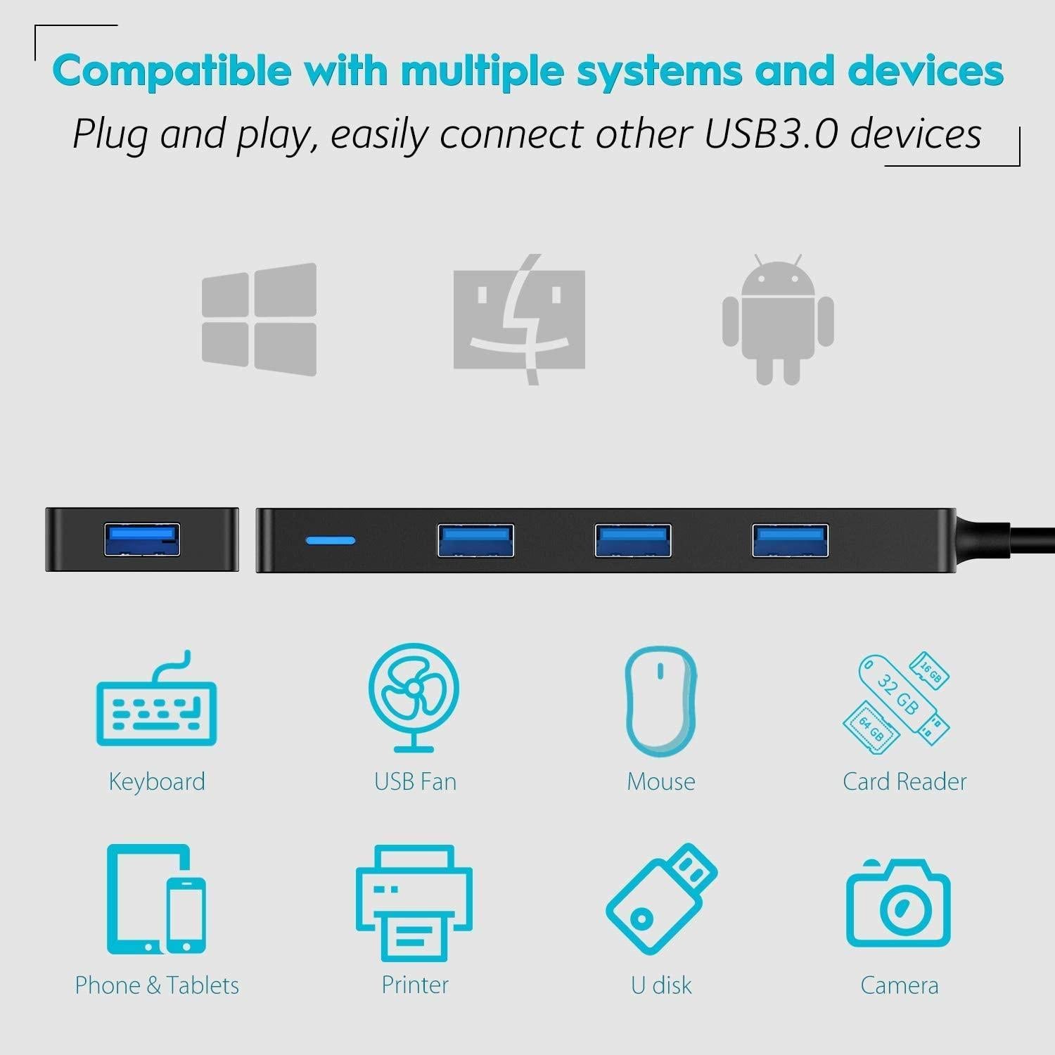 NÖRDIC USB C 3.1 4-porttinen 5 Gb/s keskitin, 17cm kaapeli, musta