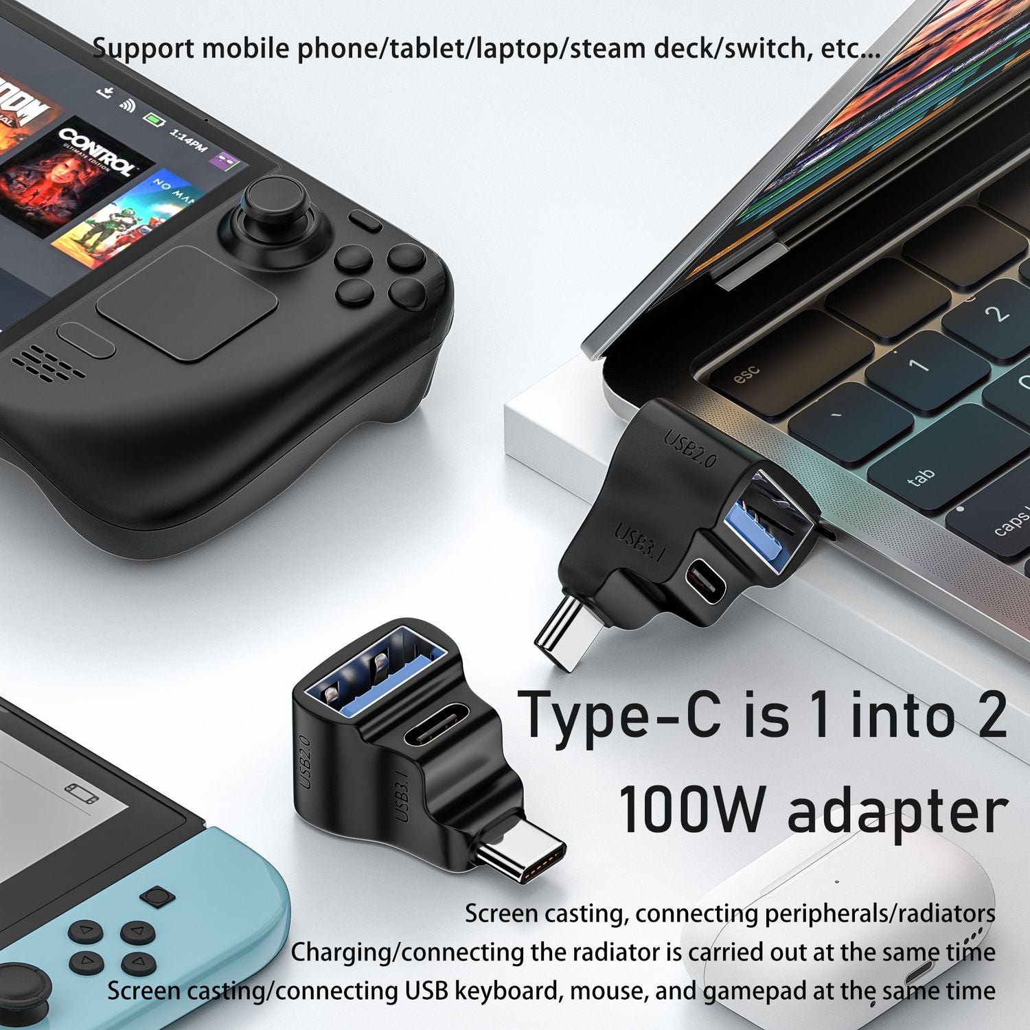NÖRDIC USB-C-sovitin 1–2 USB-C 3.1 + USB-A 10 Gbps 4K60Hz 100 W PD