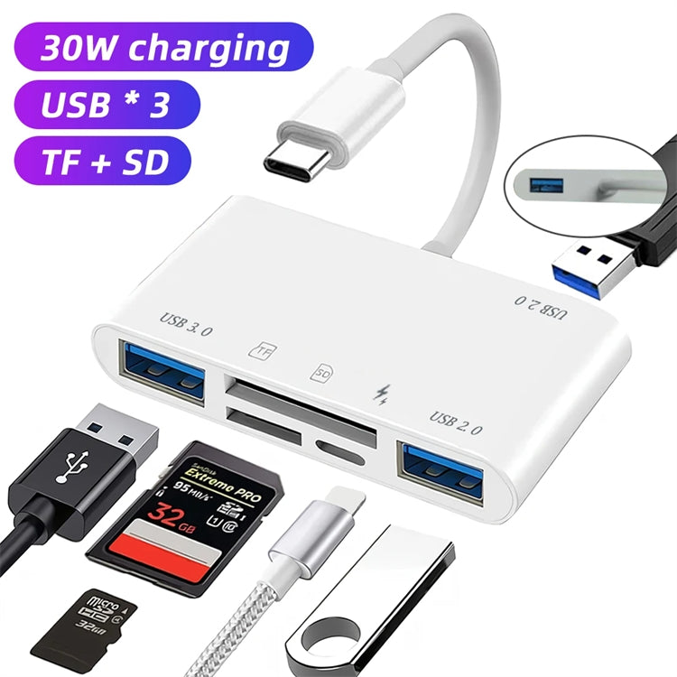 NÖRDIC USB-C Kortinlukija 2-paikkainen SD, MicroSD, 3xUSB-A, 1xUSB-C Lataus 30W UHS-I