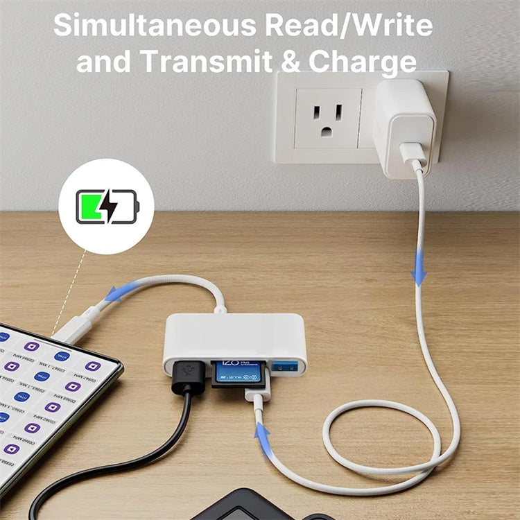 NÖRDIC USB-C Kortinlukija 2-paikkainen SD, MicroSD, 3xUSB-A, 1xUSB-C Lataus 30W UHS-I