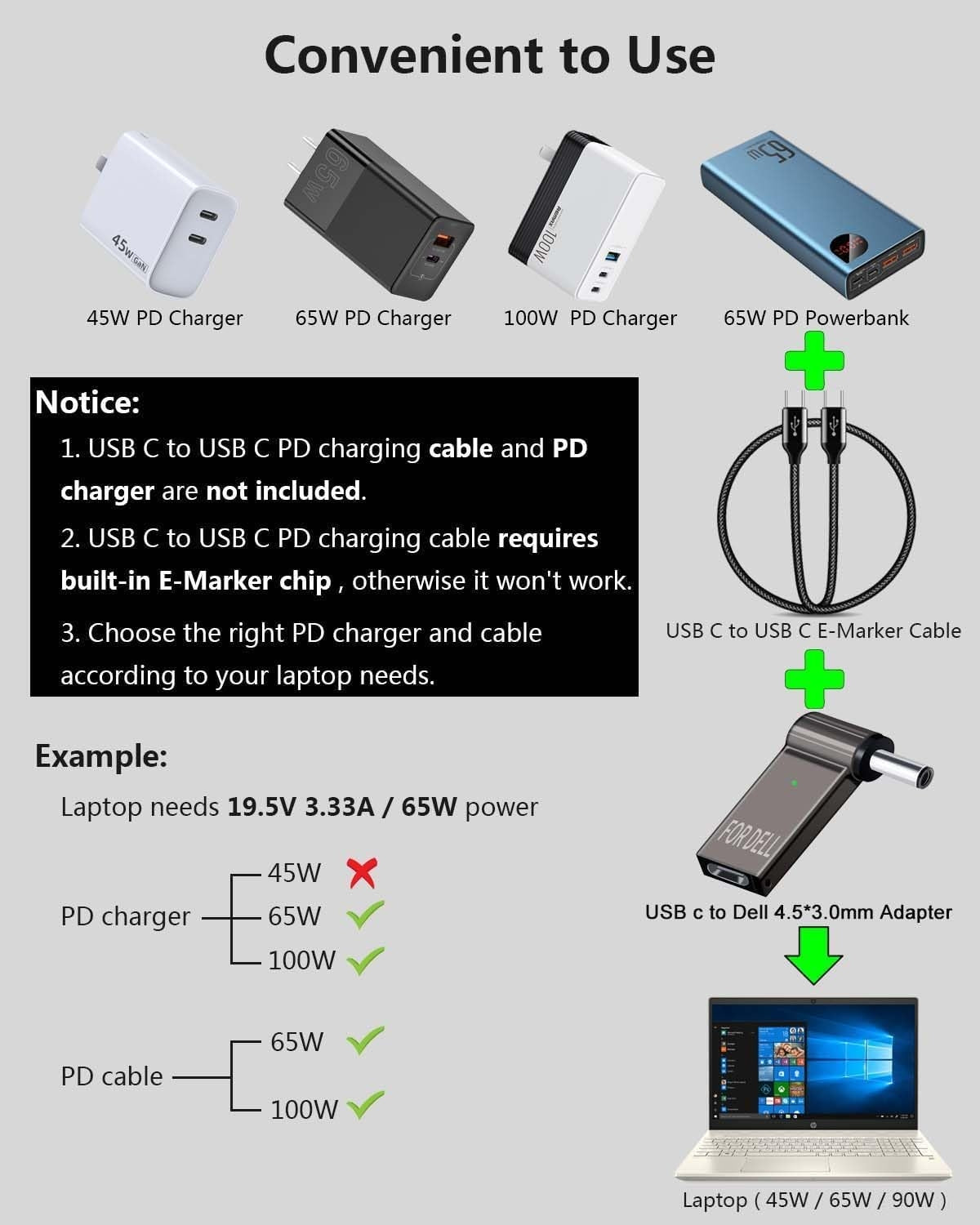 NÖRDIC USB-C till Laptopladdningsadapter, USB-C till DC-kontakt, 100W PD, DC 4,5×3,0mm för DELL