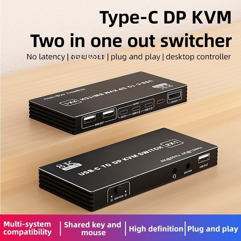 NÖRDIC USB-C KVM-kytkin 2–1 DP 8K60Hz 4K144Hz 3xUSB 1x3.5mm