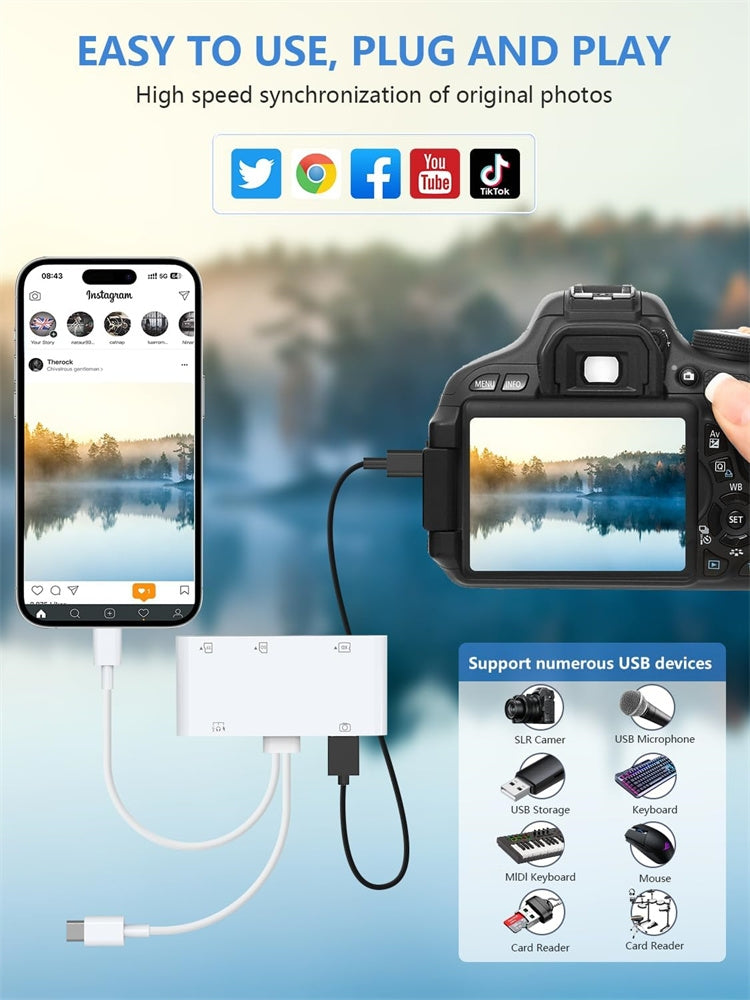 NÖRDIC USB-C/Lightning-kortinlukija 5-paikkainen CF, SD, MicroSD, MS, XD 1xUSB-A 1xUSB-C UHS-I