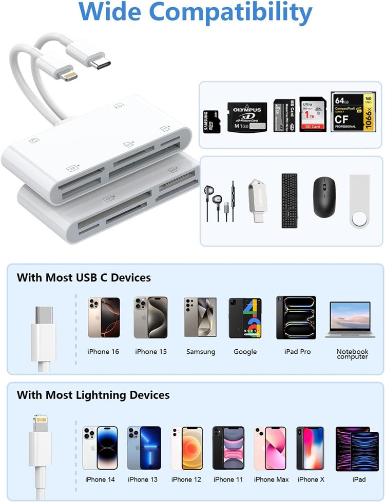 NÖRDIC USB-C/Lightning-kortinlukija 5-paikkainen CF, SD, MicroSD, MS, XD 1xUSB-A 1xUSB-C UHS-I