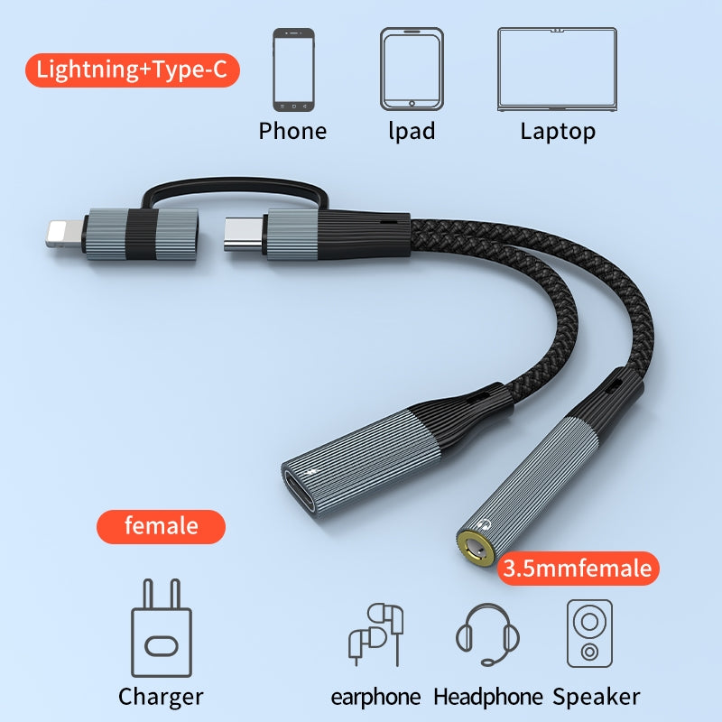NÖRDIC USB-C+Lightning - äänikaapeli 3,5 mm PD60W USB-C 15 cm