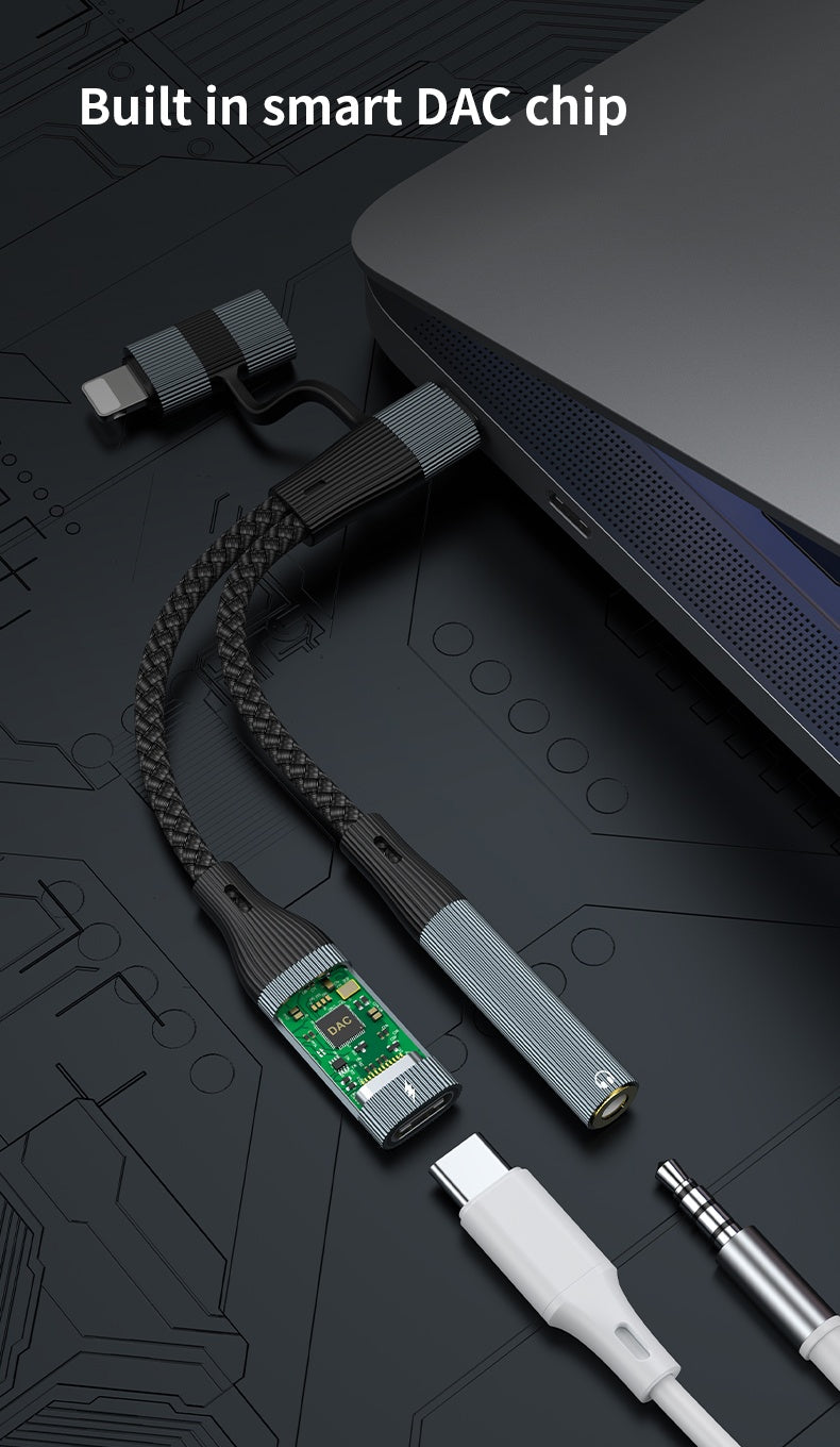 NÖRDIC USB-C+Lightning - äänikaapeli 3,5 mm PD60W USB-C 15 cm