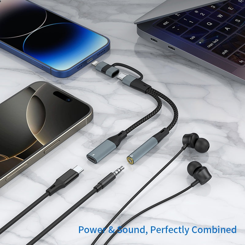NÖRDIC USB-C+Lightning - äänikaapeli 3,5 mm PD60W USB-C 15 cm