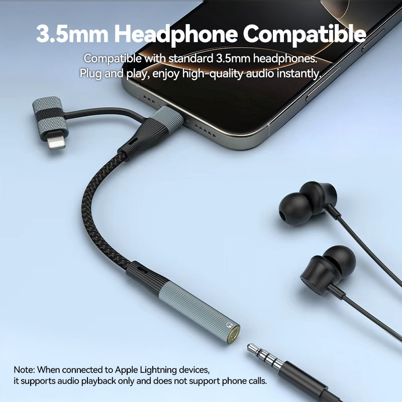 NÖRDIC USB-C/Lightning -stereo 3,5 mm-adapteri 15 cm