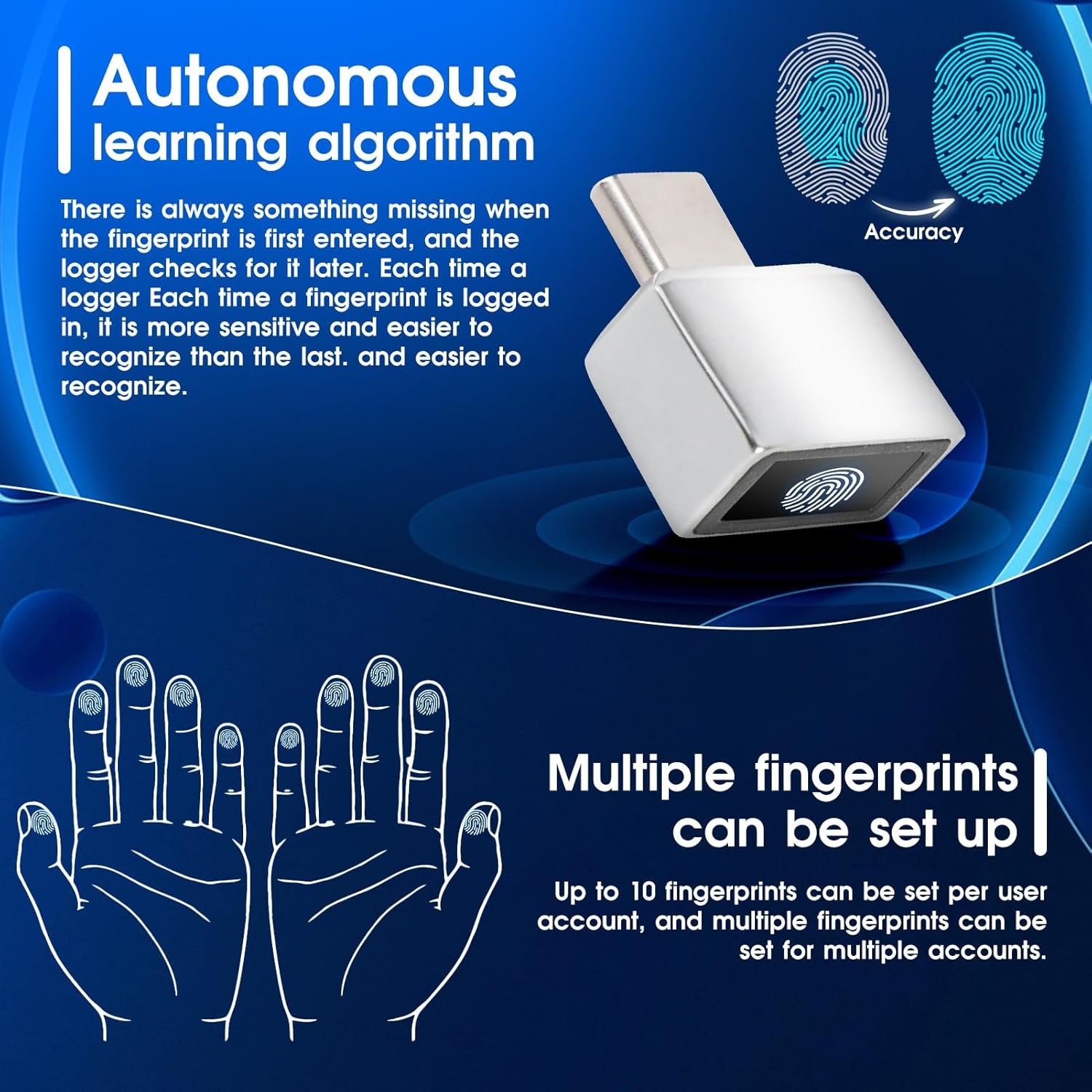 NÖRDIC USB-C Windows Hello Fingerprint Reader Biometric Scanner Plug and Play Windows 11 10 PC Laptop Fast Secure Login Authentication