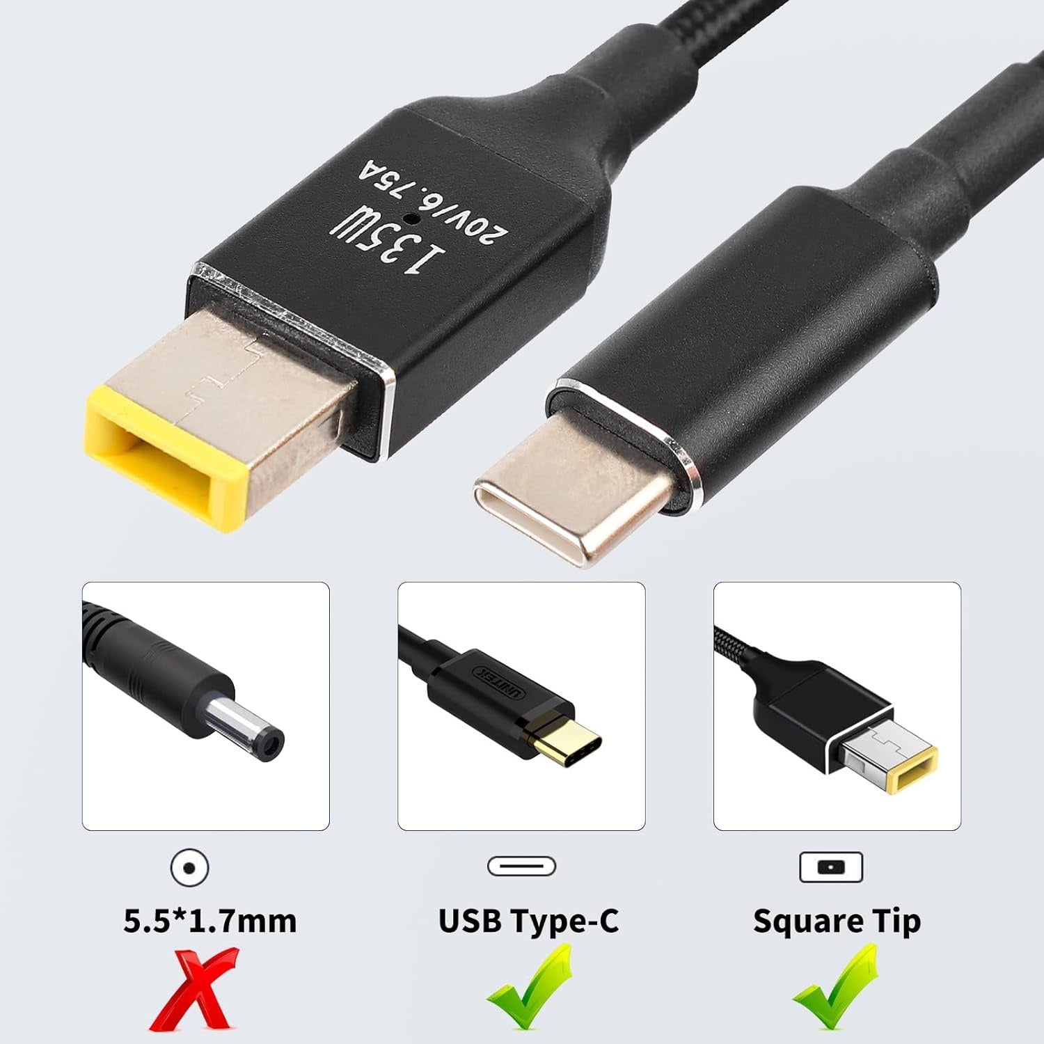 NÖRDIC USB-C - Lenovo Yellow Square -kaapeli 135W 2m