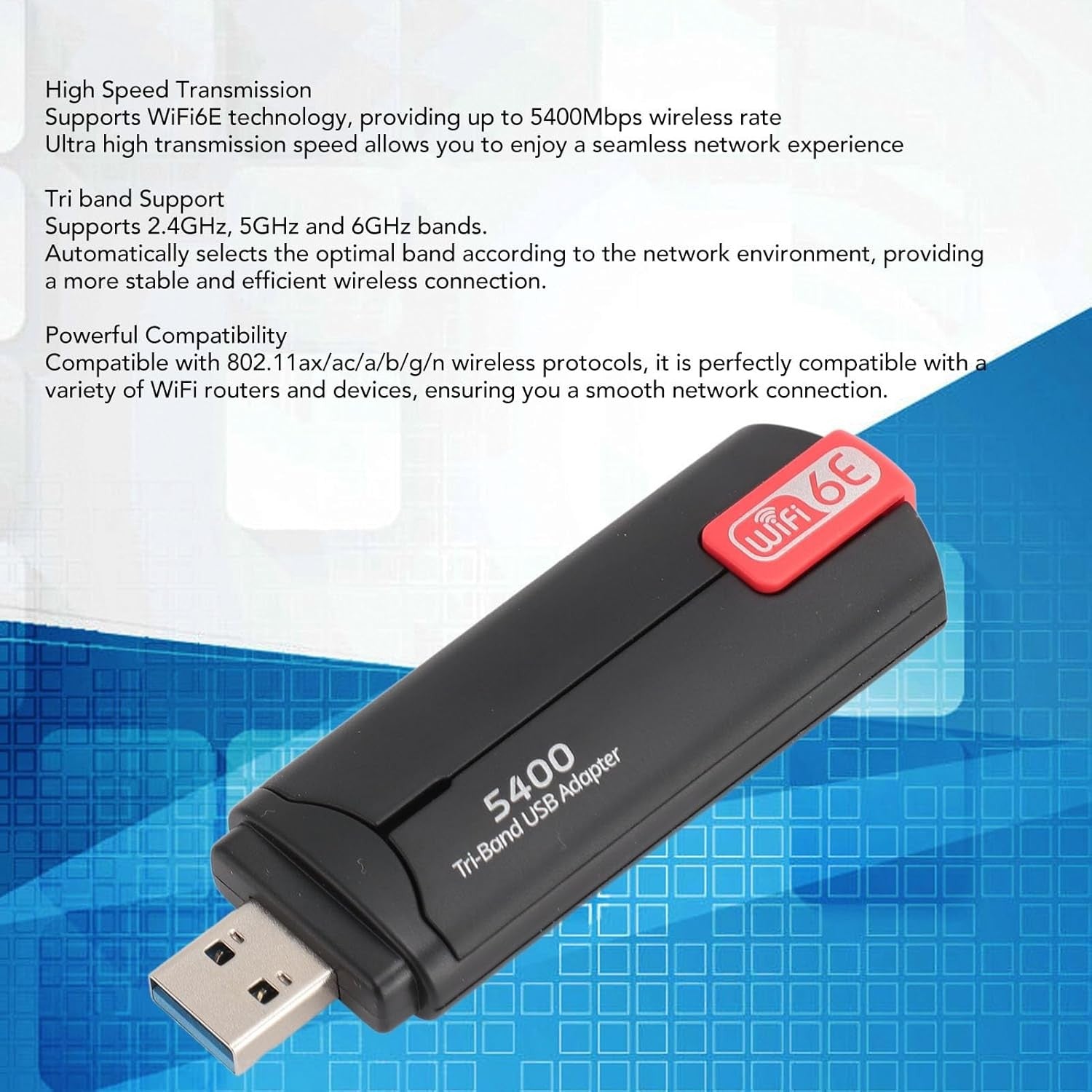 NÖRDIC USB-A WiFi-sovitin, 5400 Mbps nopea ja vakaa USB3.0 langaton verkkosovitin WiFi 6E, kannettava pöytäkoneelle