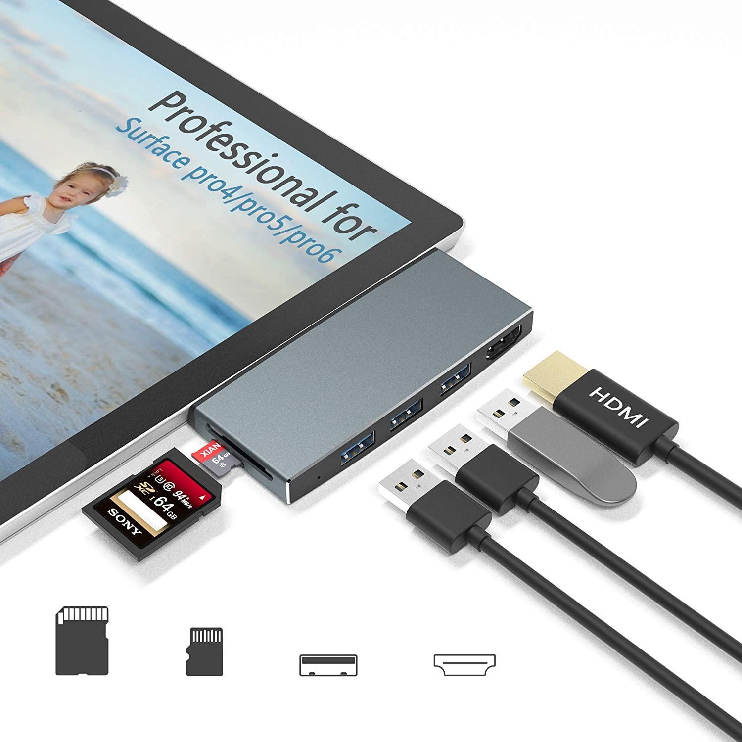 NÖRDIC USB-telakointiasema MicroSoft Surfacelle 1xHDMI4k30Hz 3xUSB-A 5Gbps ja 1xTF ja 1xSD