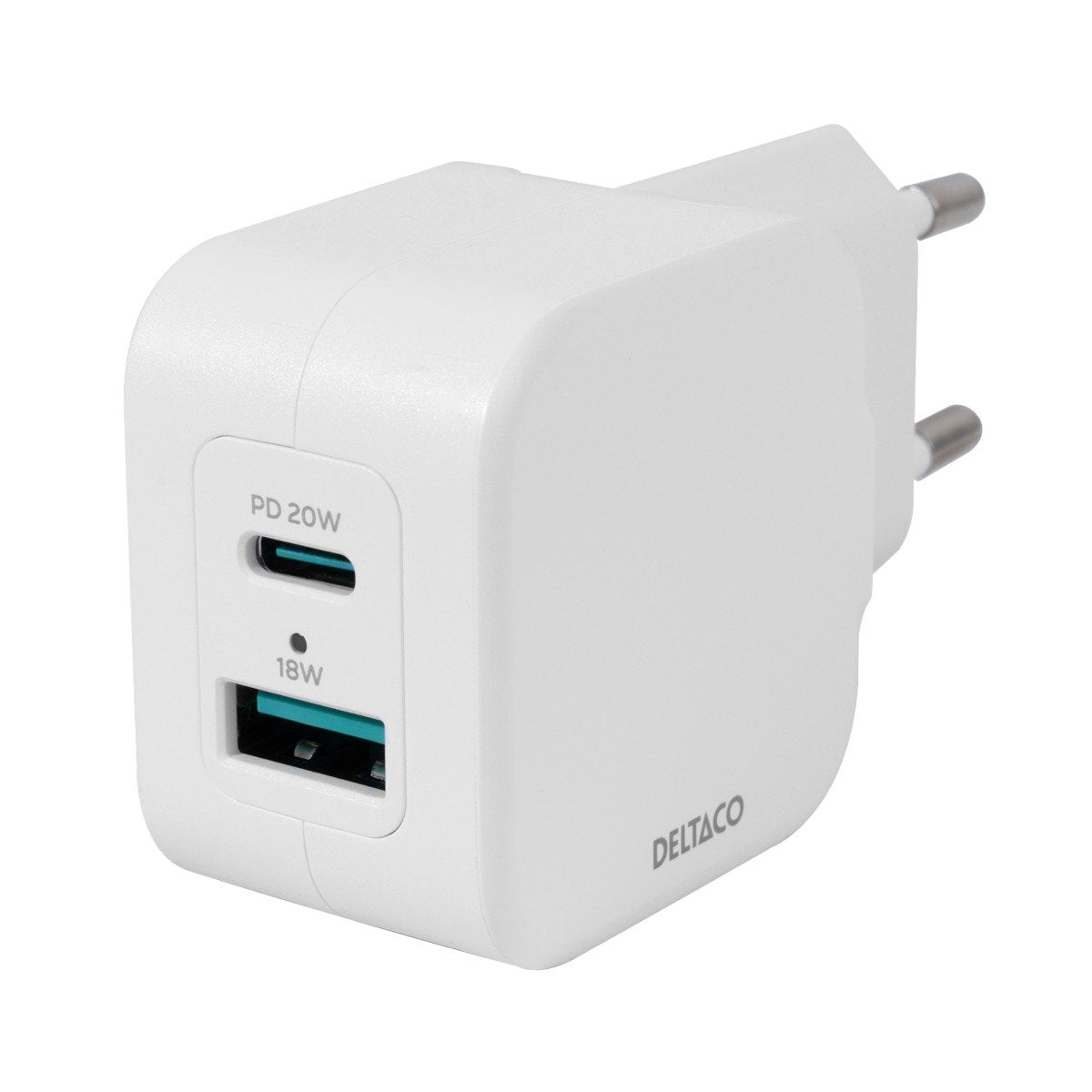 DELTACO USB-seinälaturi kahdella portilla, USB-A ja USB-C Virtalähde 20 W, valkoinen