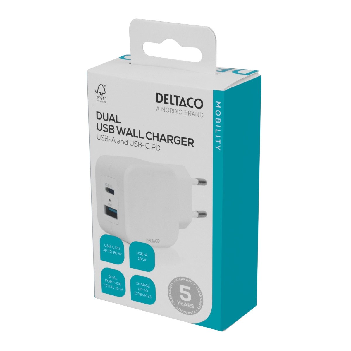 DELTACO USB-seinälaturi kahdella portilla, USB-A ja USB-C Virtalähde 20 W, valkoinen