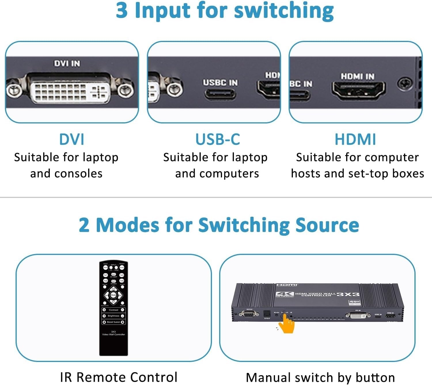 NÖRDIC Video Wall Controller 3x3, TV-seinän prosessori, 4K@30Hz HDMI multi-näytön yhdistämisprosessori HDMI + DVI + USB-C tulolla