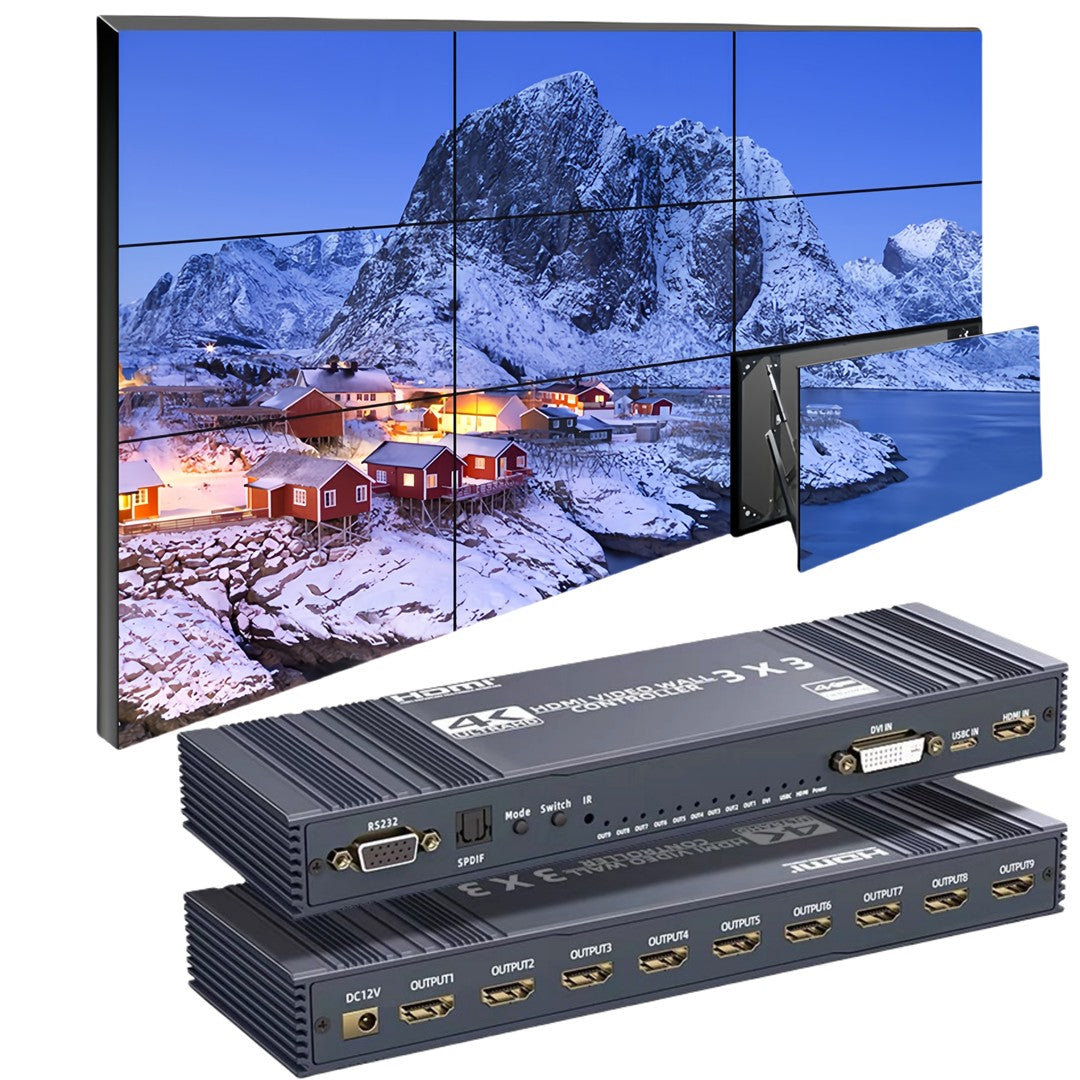 NÖRDIC Video Wall Controller 3x3, TV-seinän prosessori, 4K@30Hz HDMI multi-näytön yhdistämisprosessori HDMI + DVI + USB-C tulolla