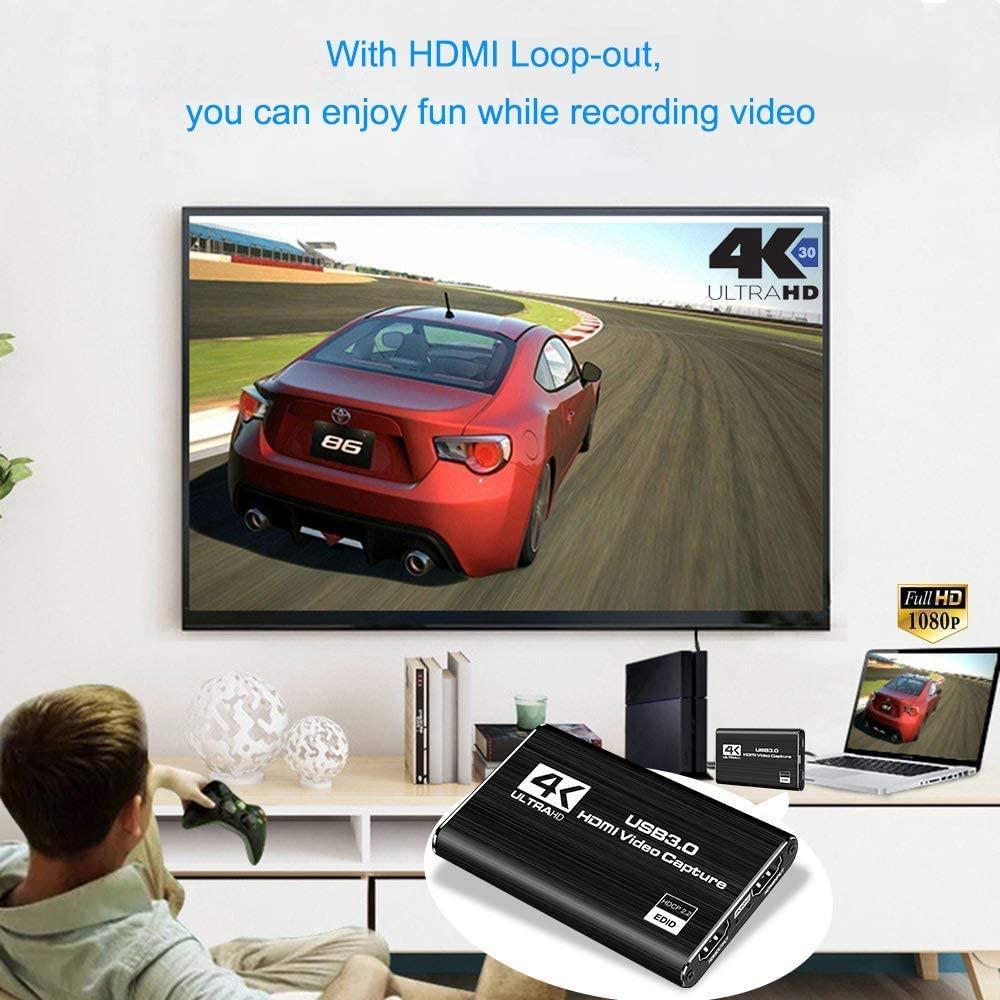 NÖRDIC Videokaappaussovitin USB3.0 HDMI-lähtö 4K 60Hz HDMI silmukkamikrofonilla ja audioulostulolla HDMI signaalin silmukkalähtö