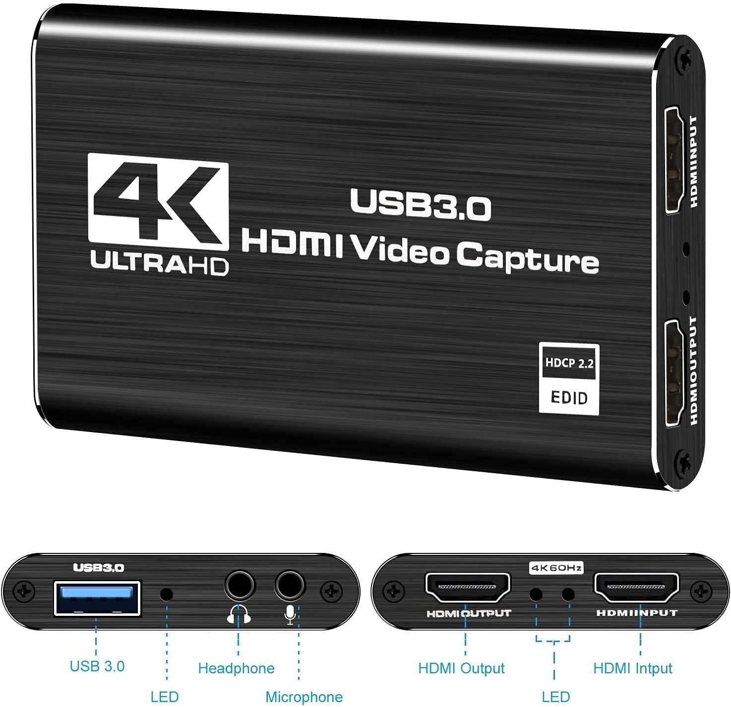 NÖRDIC Videokaappaussovitin USB3.0 HDMI-lähtö 4K 60Hz HDMI silmukkamikrofonilla ja audioulostulolla HDMI signaalin silmukkalähtö