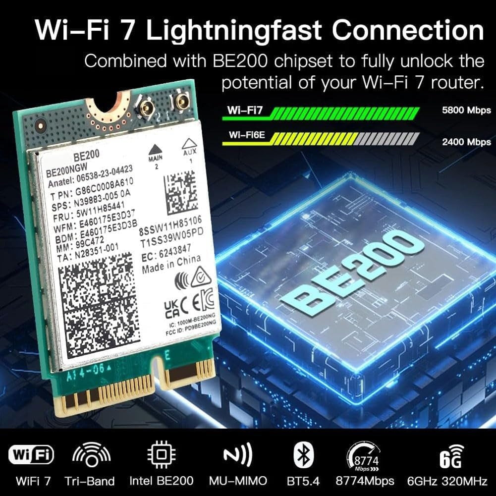 NÖRDIC WiFi 7 PCIe x1 langaton verkkokortti Intel BE200 -piirisarjalla, 8800 Mbps, Bluetooth 5.4