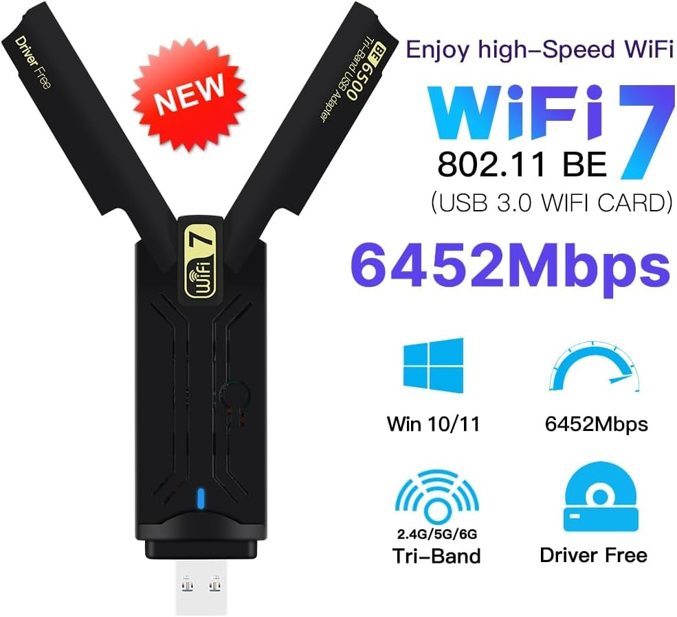 NÖRDIC WiFi 7 USB 3.0 langaton adapteri tri-band tuella ja suurella nopeudella pöytäkoneille ja kannettaville, Windows 10/11, Plug & Play