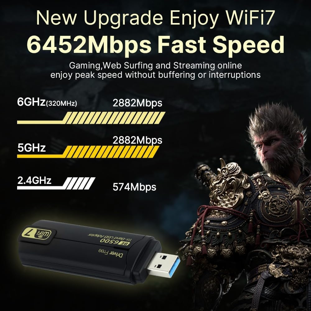 NÖRDIC WiFi 7 USB 3.0 langaton adapteri tri-band tuella ja suurella nopeudella pöytäkoneille ja kannettaville, Windows 10/11, Plug & Play