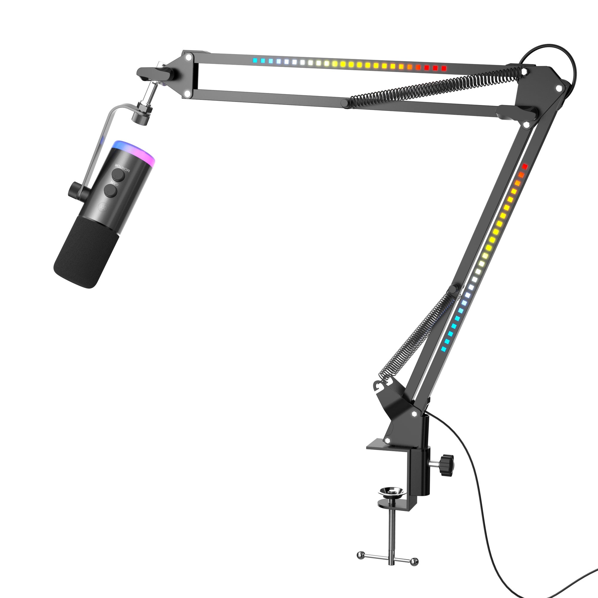 NÖRDIC XLR/USB dynaaminen mikrofonisetti, RGB-säädettävä mikrofonipuomistandardi suoratoistoon, pelaamiseen, voice-overiin ja äänitykseen