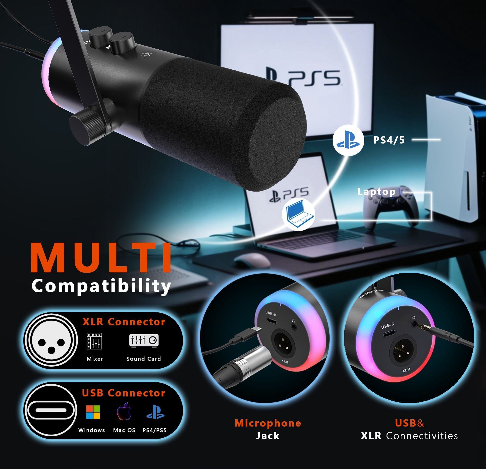 NÖRDIC XLR/USB dynaaminen mikrofonisetti, RGB-säädettävä mikrofonipuomistandardi suoratoistoon, pelaamiseen, voice-overiin ja äänitykseen