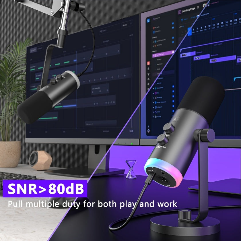 NÖRDIC XLR/USB dynaaminen mikrofonisetti, RGB-säädettävä mikrofonipuomistandardi suoratoistoon, pelaamiseen, voice-overiin ja äänitykseen